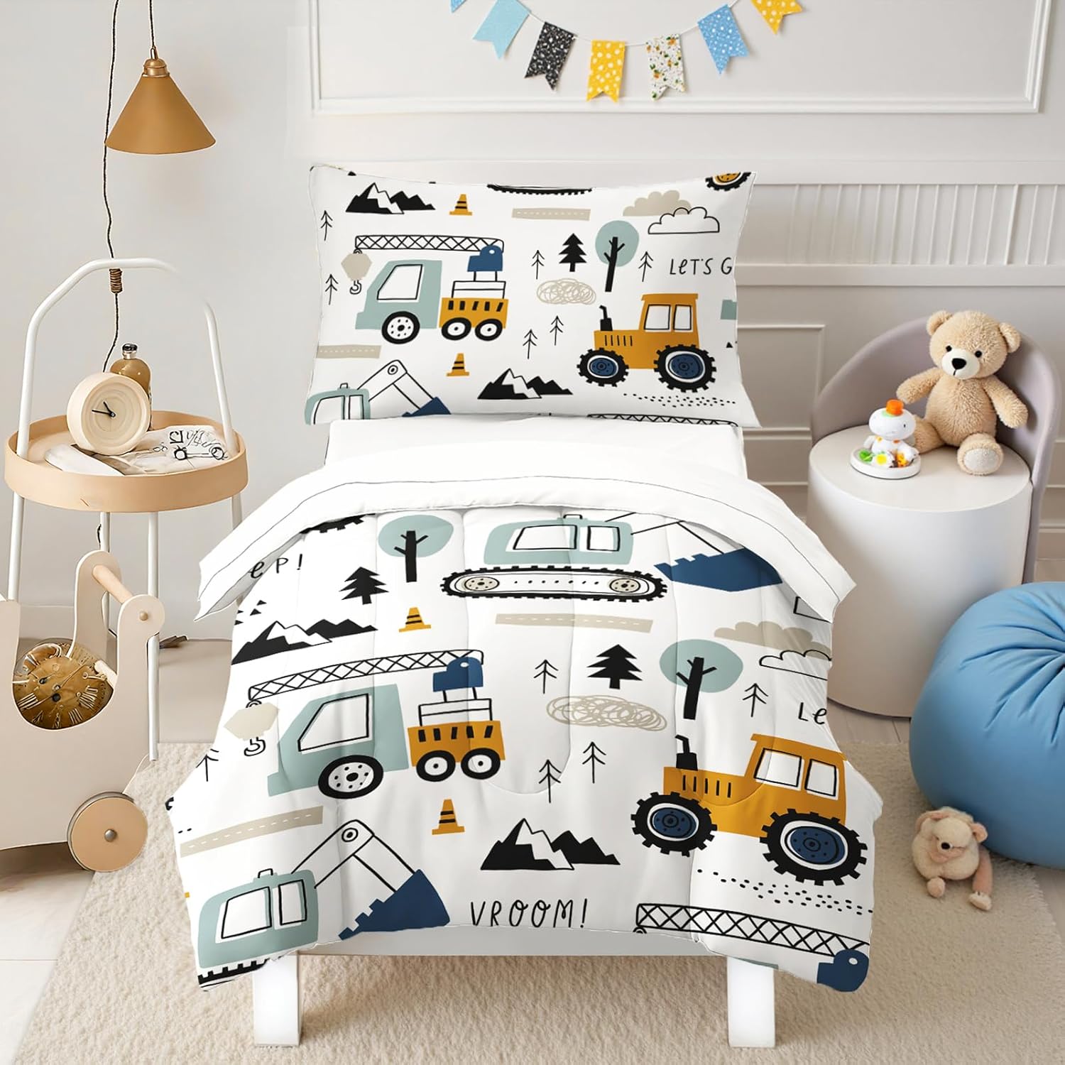 Toddler Bedding Set for Boys - 4-Piece Truck Bedding Comforter Set for Kids, Soft Comfort Construction Vehicle Bedding Includes Flat Sheet, Fitted Sheet, Comforter, Pillowcase