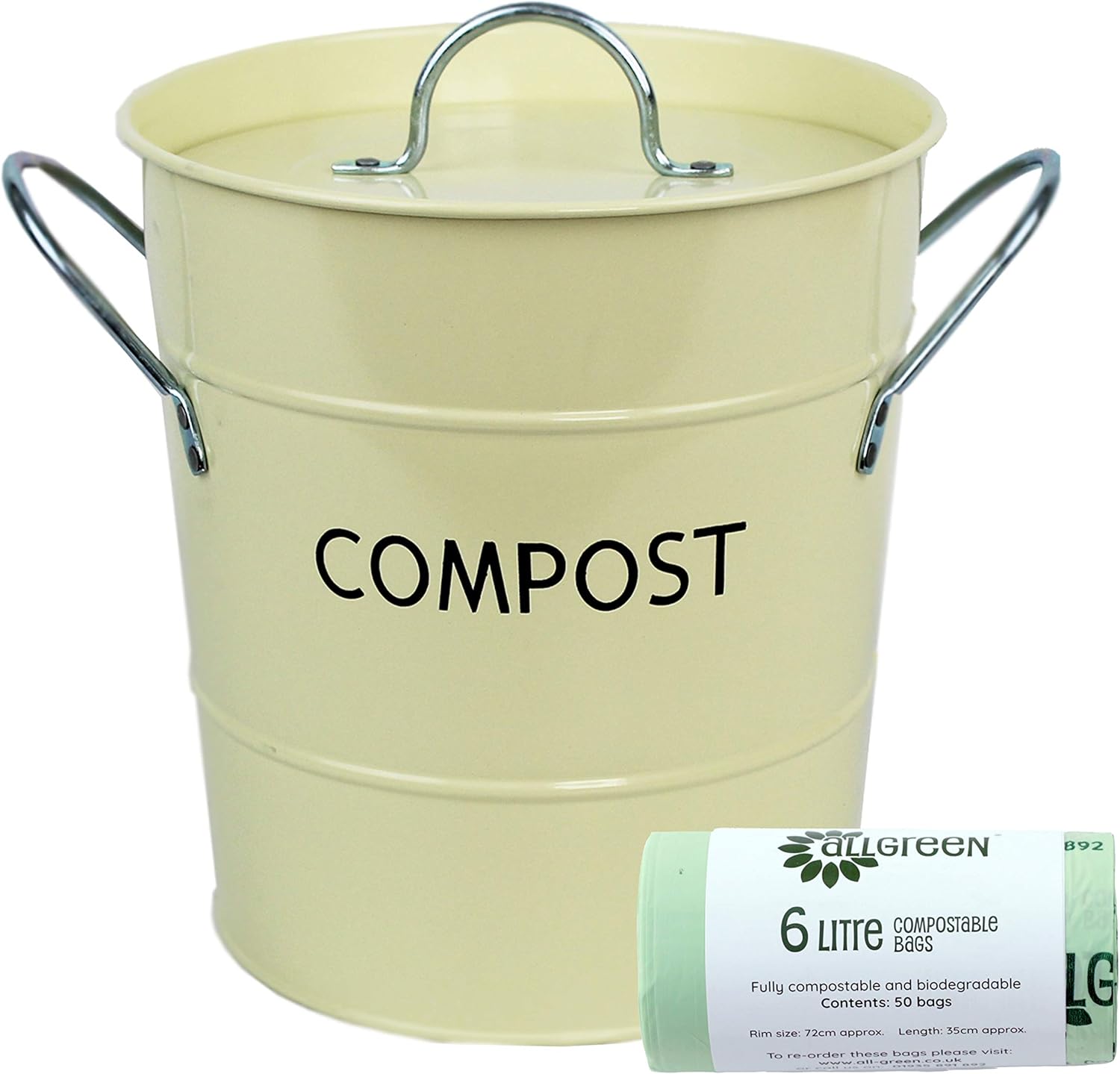 Buttercream (Cream) Metal Kitchen Compost Caddy & 50x 6L AllGreen