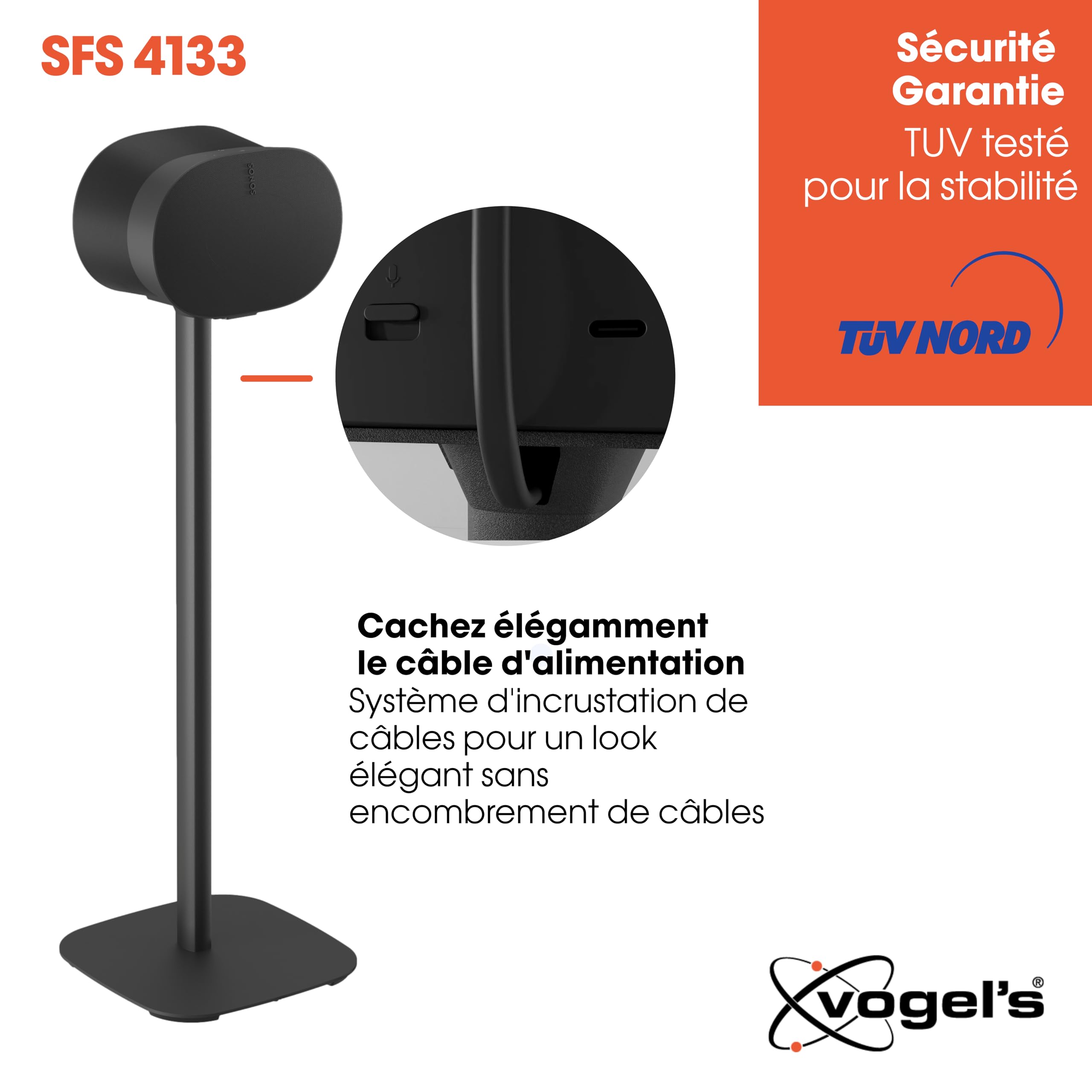 Vogel’s SFS 4133 Support pour Sonos Era 300 | Haut de Gamme et soigneusement pensé | Cache-câbles | Stabilité certifiée TÜV | Hauteur 82 cm | Noir (1 Pied)
