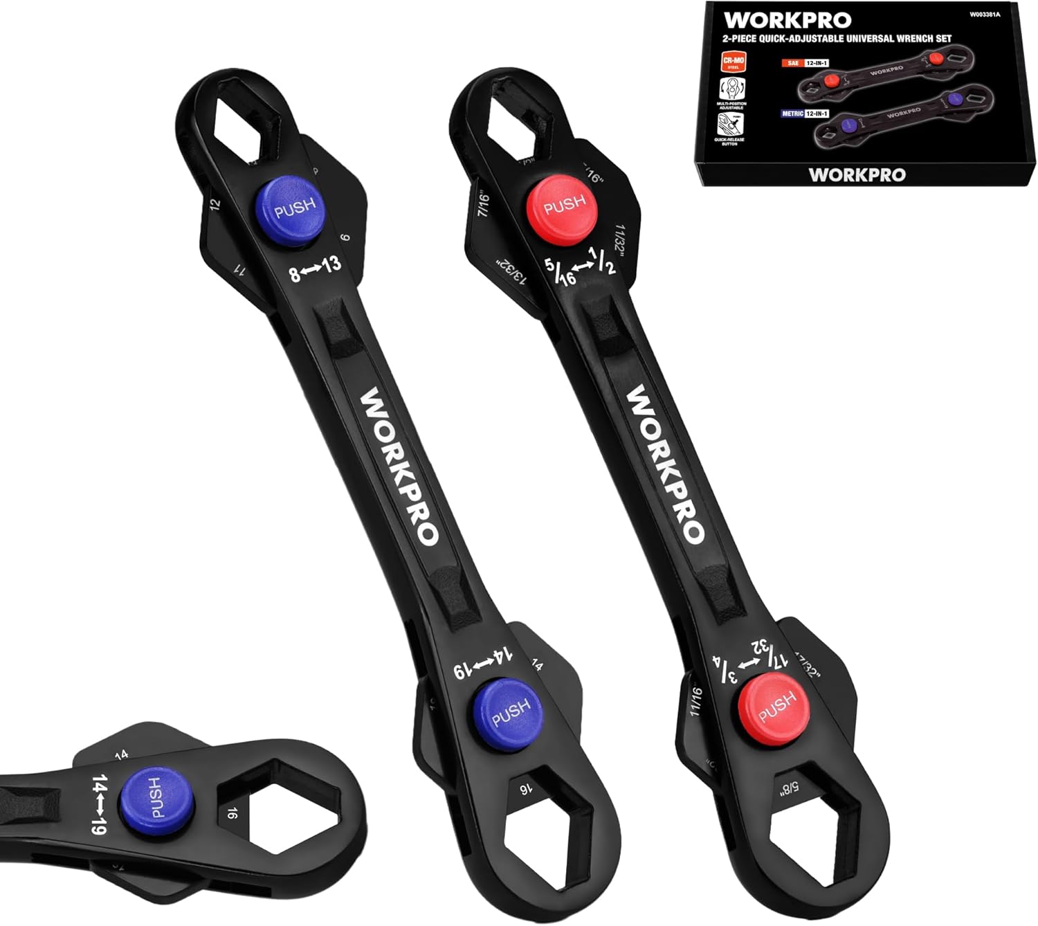 WORKPRO 2-Piece 12-in-1 Universal Adjustable Wrench Set, 8-19mm Metric & 5/16″-3/4″ SAE Multi-Size Wrenches with Heat-Treated Cr-Mo Steel, ASME Standard, Multi-Position Head, for Home, Workshop, DIY
