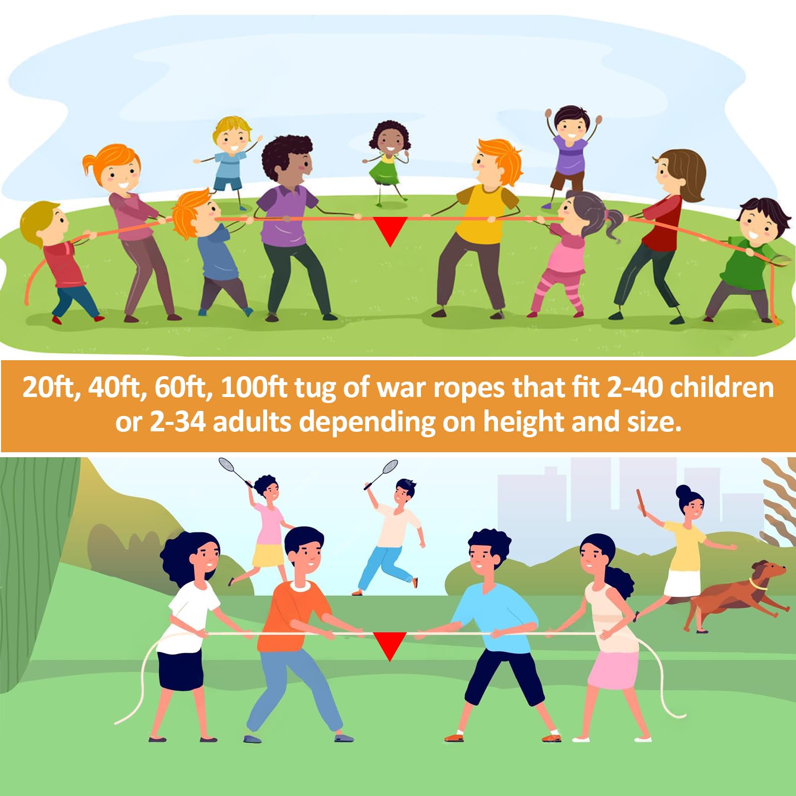 XBEN Tug Of War Rope With Flag - 40FT Soft Cotton Rope For Kids & Adults Team Building