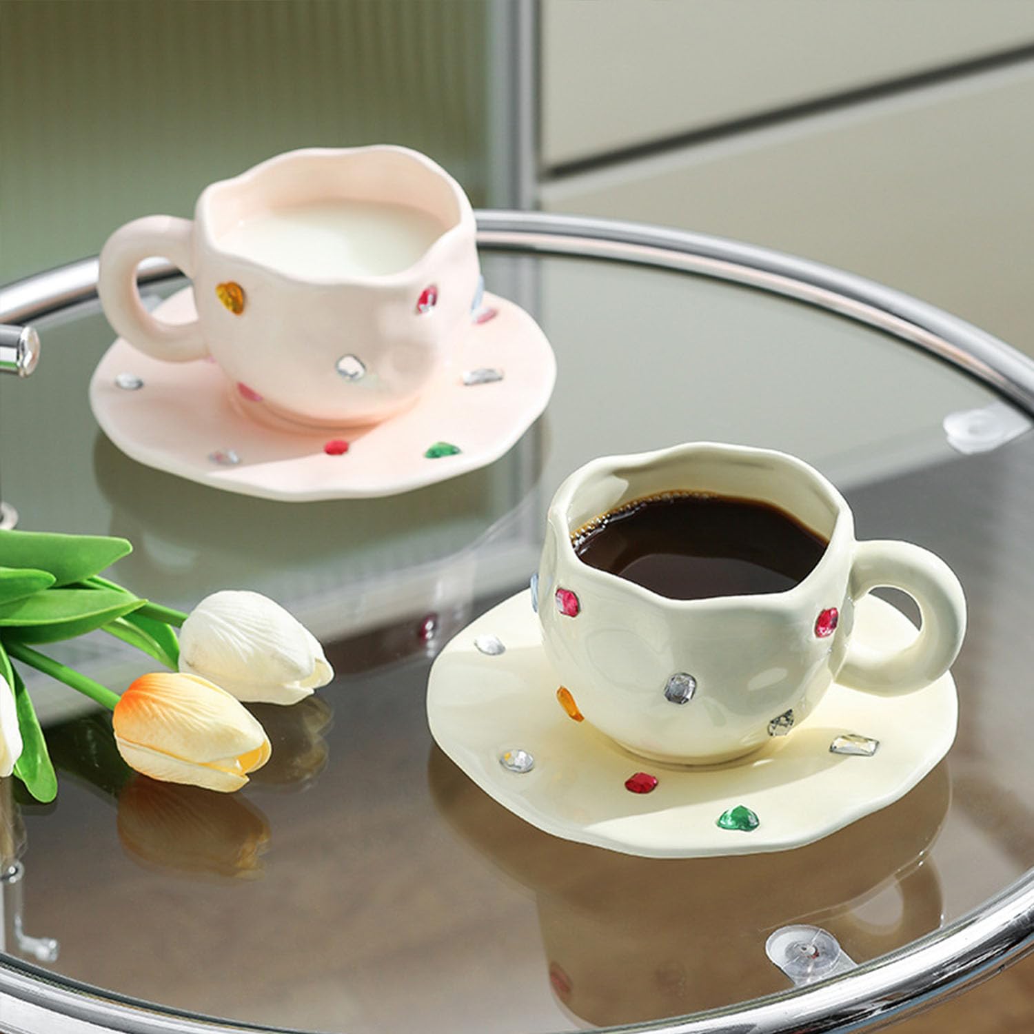Tazza da caffè, tazza da caffè in ceramica con set di piattini, tazza da caffè creativa con pietre preziose, tazza da caffè irregolare for casa e ufficio, perfetta for latte, tè e latte(Black)