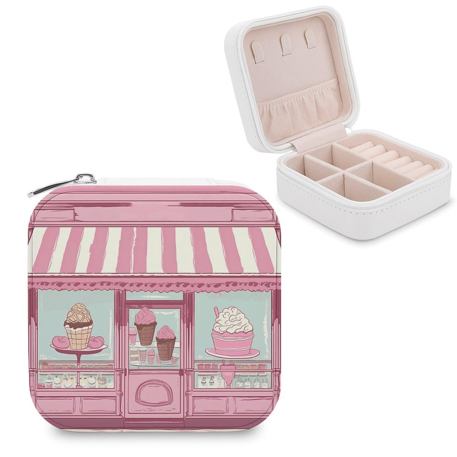 LZQPOEAS Ice Cream Store Pink Jewelry Box, PU Patterned Storage Case, Portable Travel Jewelry Organizer Box for Storing Rings, Pendants, Earrings, Necklaces, And Women's Specialized