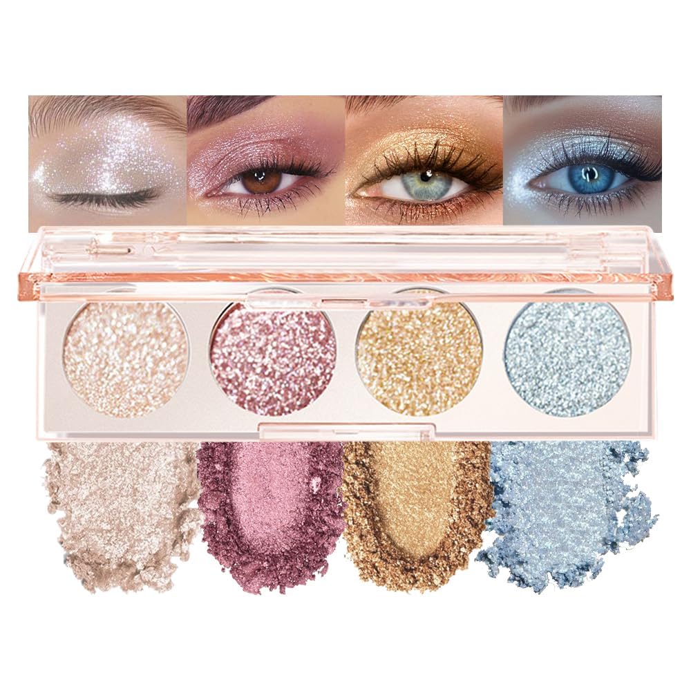 Shiny Shimmer Highlight Eyeshadow Palette, Cream Sparkling Glitter Metallic Powder Quad, Day to Night Champange Gold Silver Brown White Smoky sombras de ojos, Party Cosmetics (Weaver -Shimmer-02#)