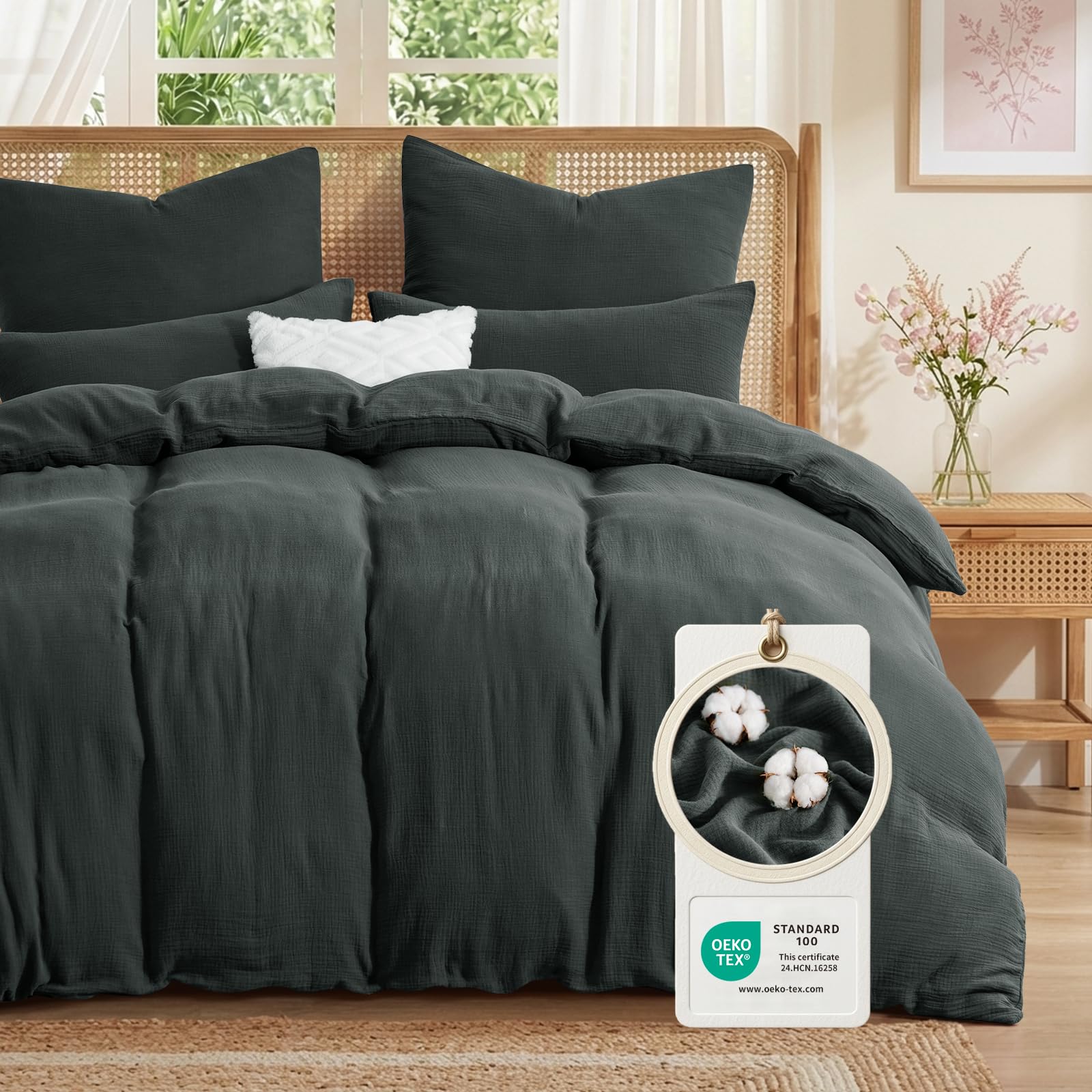 Aisbo Musselin Bettwäsche 200x220 3teilig Grau, 100% Baumwolle Oeko-TEX® | 1 Bettbezug 200x220 cm & 2 Kissenbezüge 80x80 cm mit Reißverschluss, Weich, Atmungsaktiv, Leichte Sommerbettwäsche