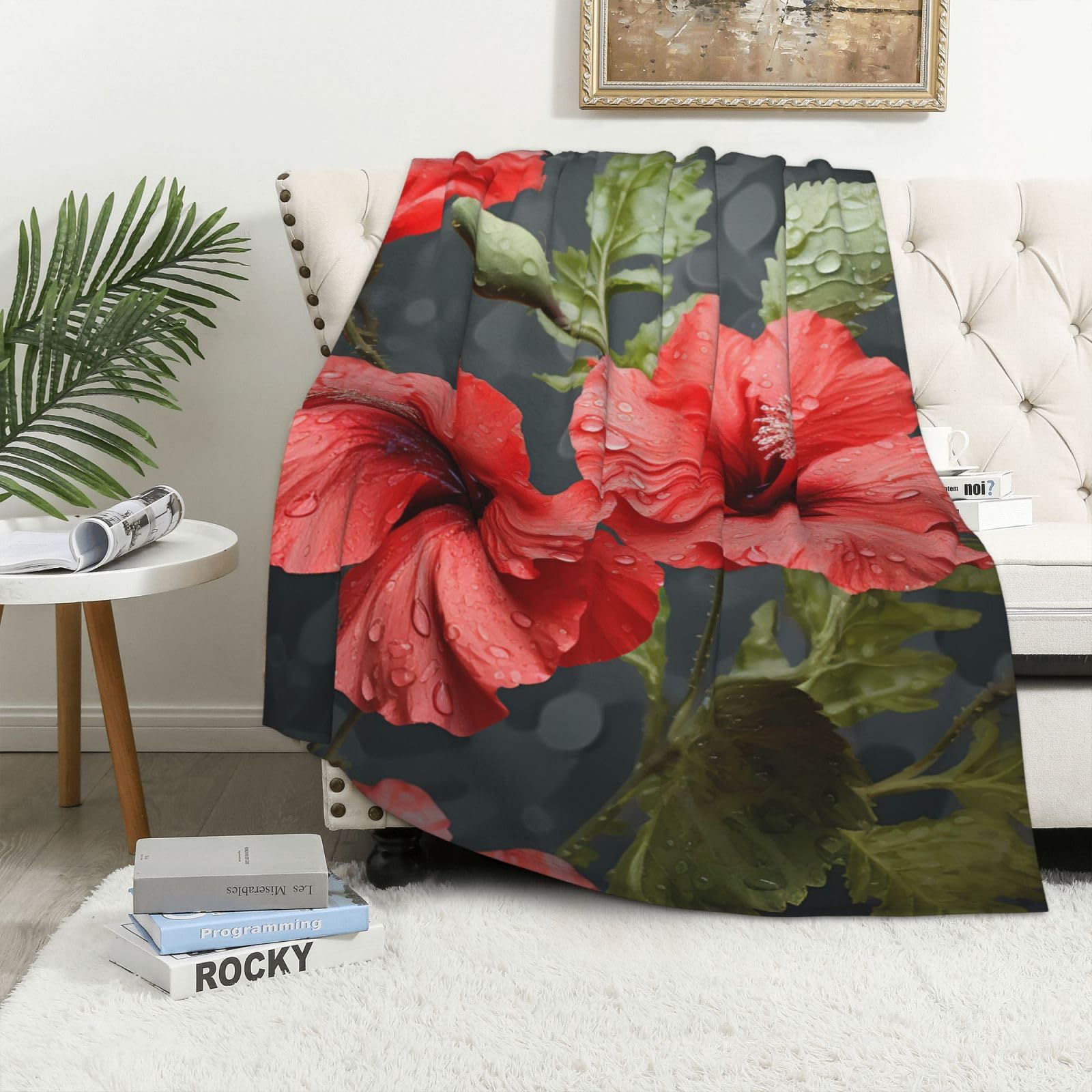 Couverture polaire en flanelle rouge motif fleurs et feuilles 100x150 cm