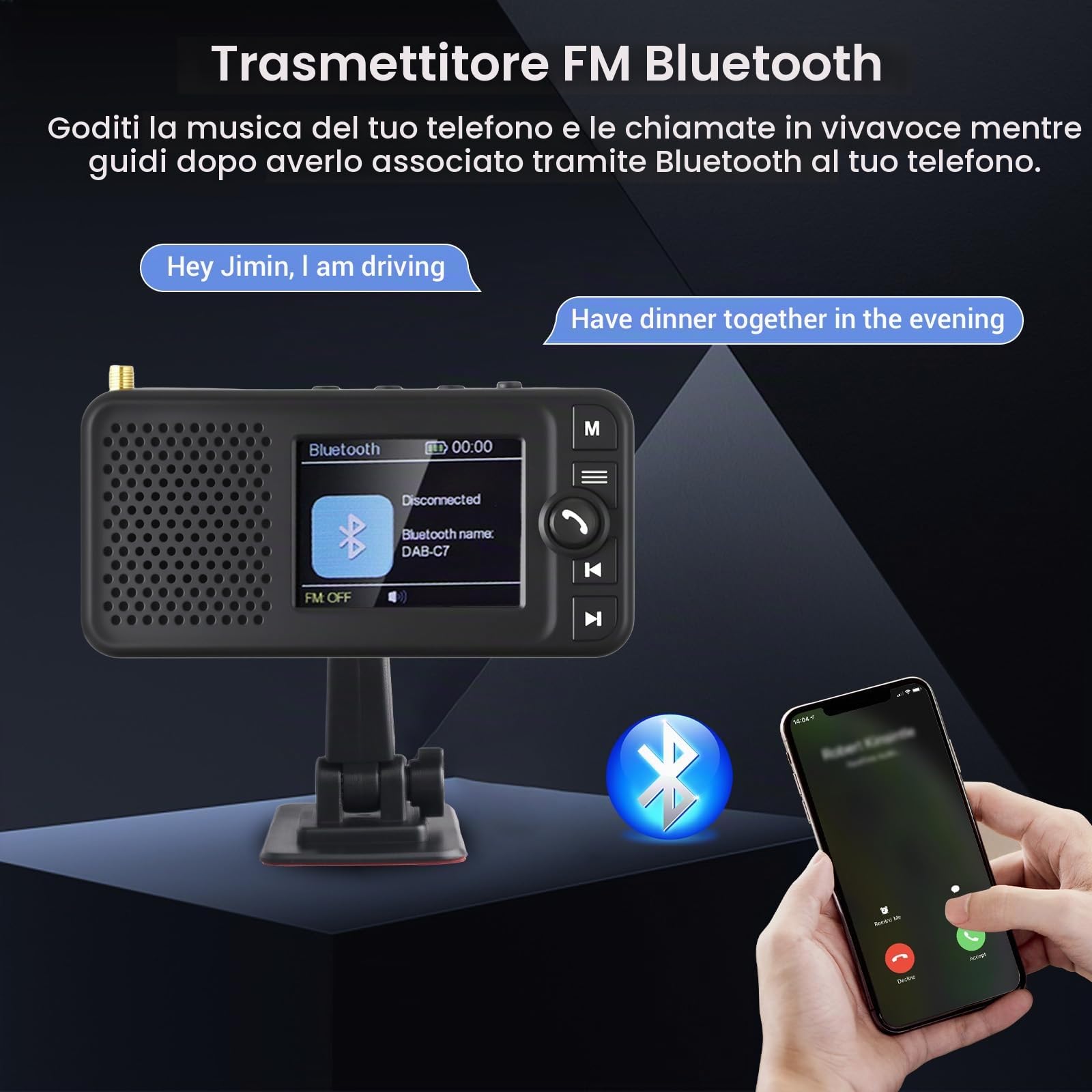 Hikity Adattatore DAB+ per Autoradio Bluetooth 2,4" LCD | Trasmettitore DAB/FM, Ingresso/Uscita Ausiliaria, Caricabatteria per Auto