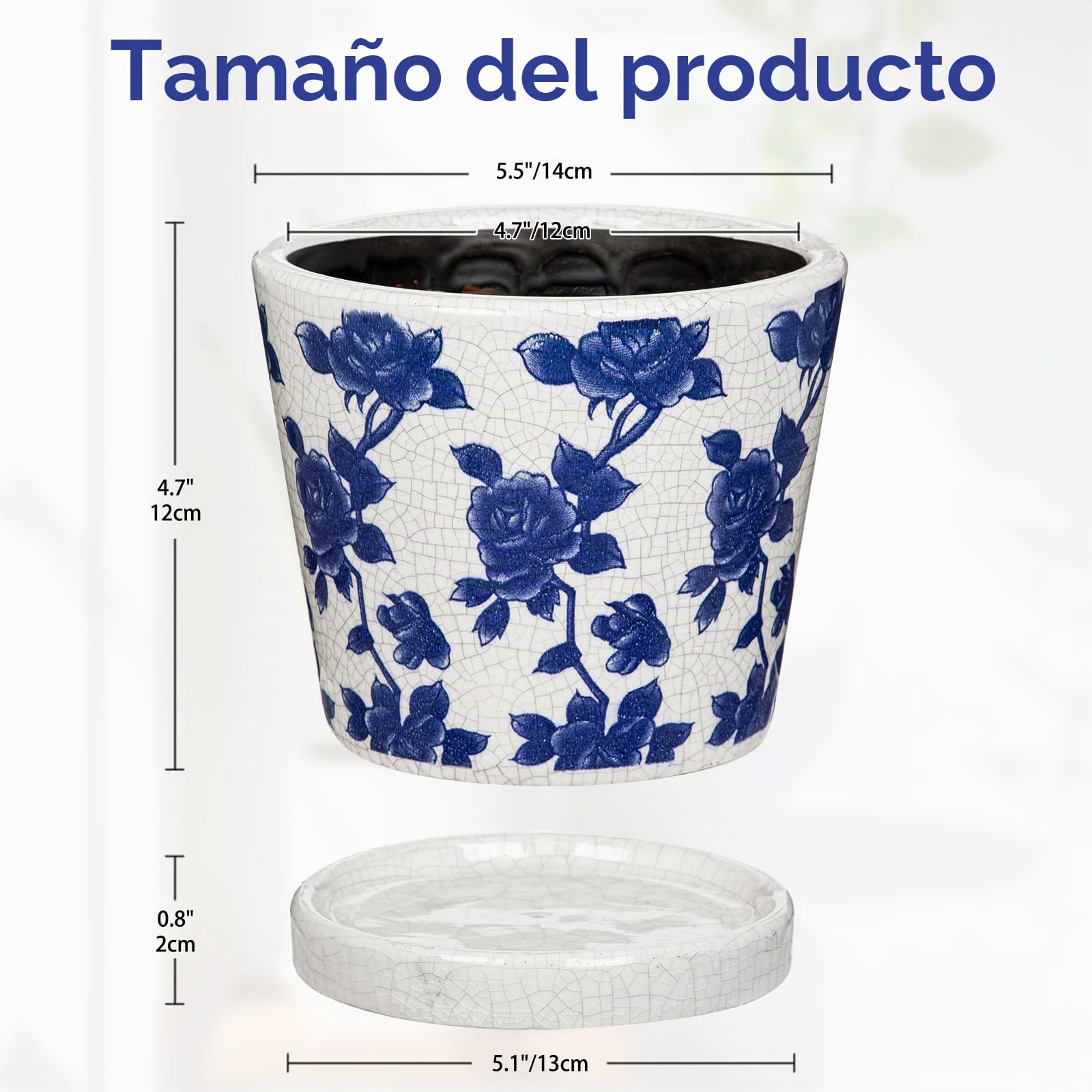 Oairse Maceta de cerámica azul y blanca con orificio de drenaje y platillo, maceta de 14 cm para plantas de interior y exterior, maceta de porcelana esmaltada agrietada para plantas de interior