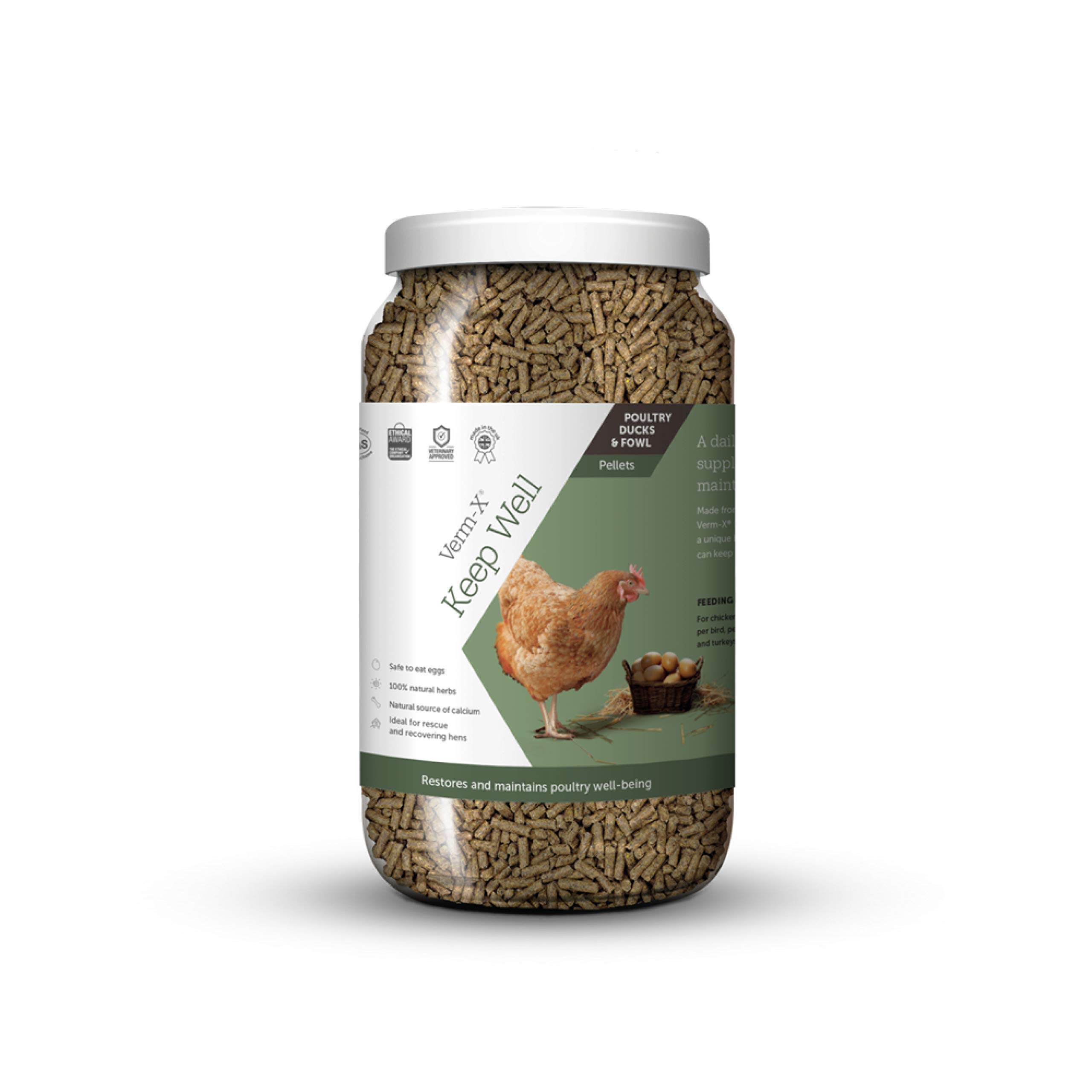 Verm-X Keep Well for Rescue and Recovering Hens. Restores and Maintains Well-Being for Chickens, Ducks, Geese and Turkeys. Vet approved. UFAS assured. Safe to Eat Egg Whilst Feeding.