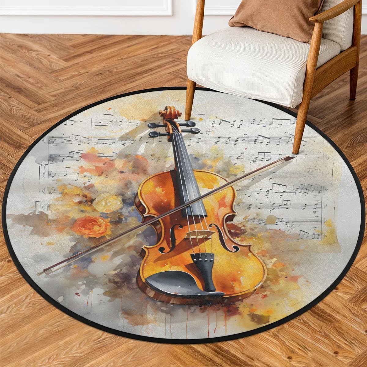 Violin Flowers Music Round Area Rug 3Ft Washable Soft Circle Rugs Non-Slip Indoor Floor Mats Throw Rug Carpet for Living Room Entryway Bedroom Bathroom Decor