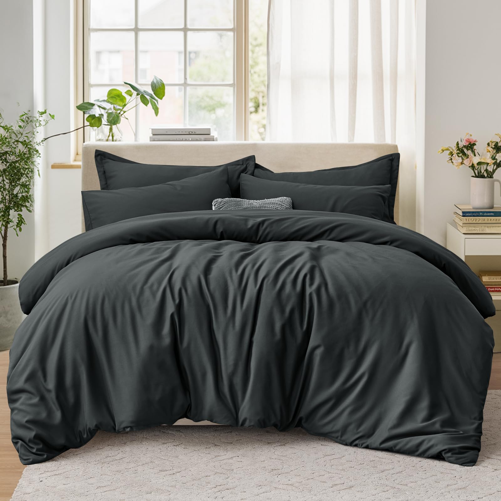 Double Duvet Set - Bedding Double Bed Set with 2 Pillowcases - Ultrasoft Brushed Microfiber Duvet Cover with Zip Fastening, Dark Grey (200x200)