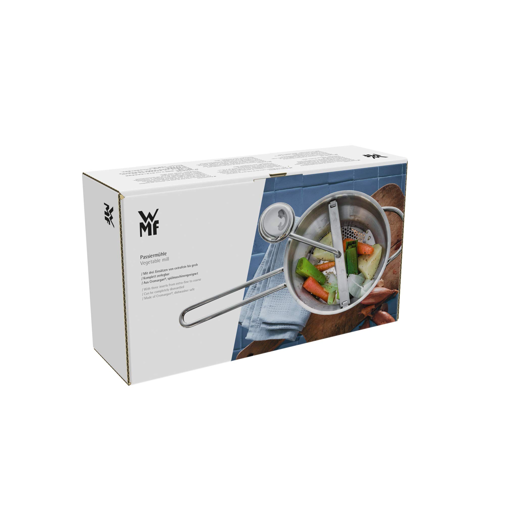 WMF 605636040 Gourmet - Molinillo de lechada (19 cm, Acero Inoxidable, cromargan, Acero Inoxidable, Desmontable, 3 Insertos para lavavajillas, Regalo Diferentes, Transparente