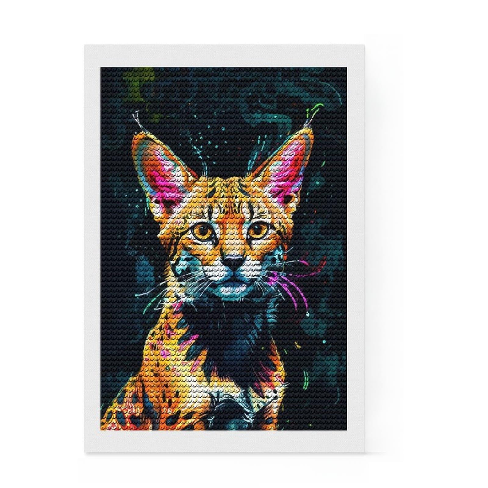 Junmoney Neon Serval Cat 5D Diamond Painting Kit 8"x12", Round Gems, Living Room Decor, Decorative Artwork, Vintage Style Decor