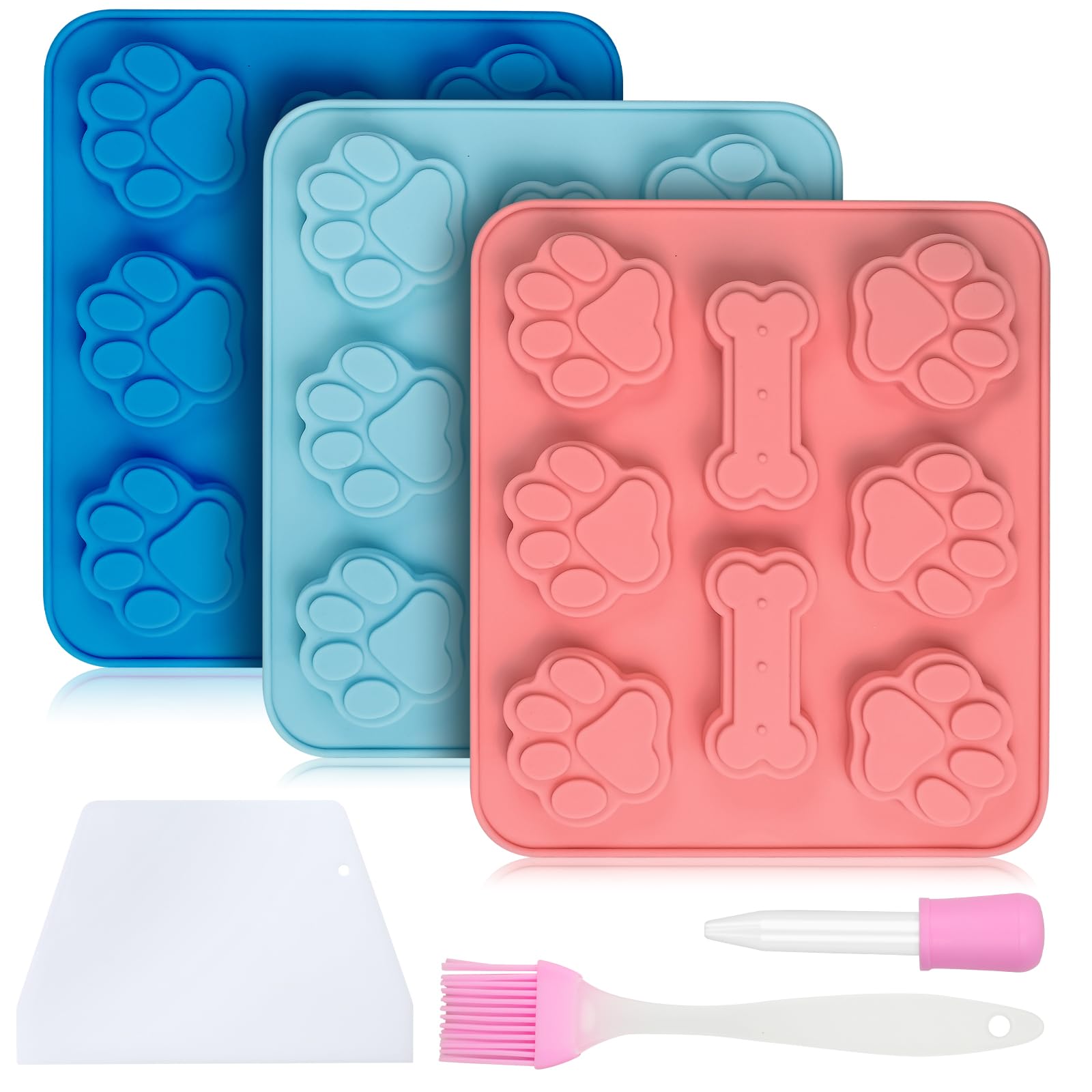 3Pcs Dog Paw and Bone Silicone Molds, Paw Ice Cube Moulds, 3D Puppy Bone Cake Moulds, Silicone Dog Treat Mould, Non-Stick Food Grade Molds for Baking, Ice Cube, Pudding, Candy, Jelly, Pet Treats