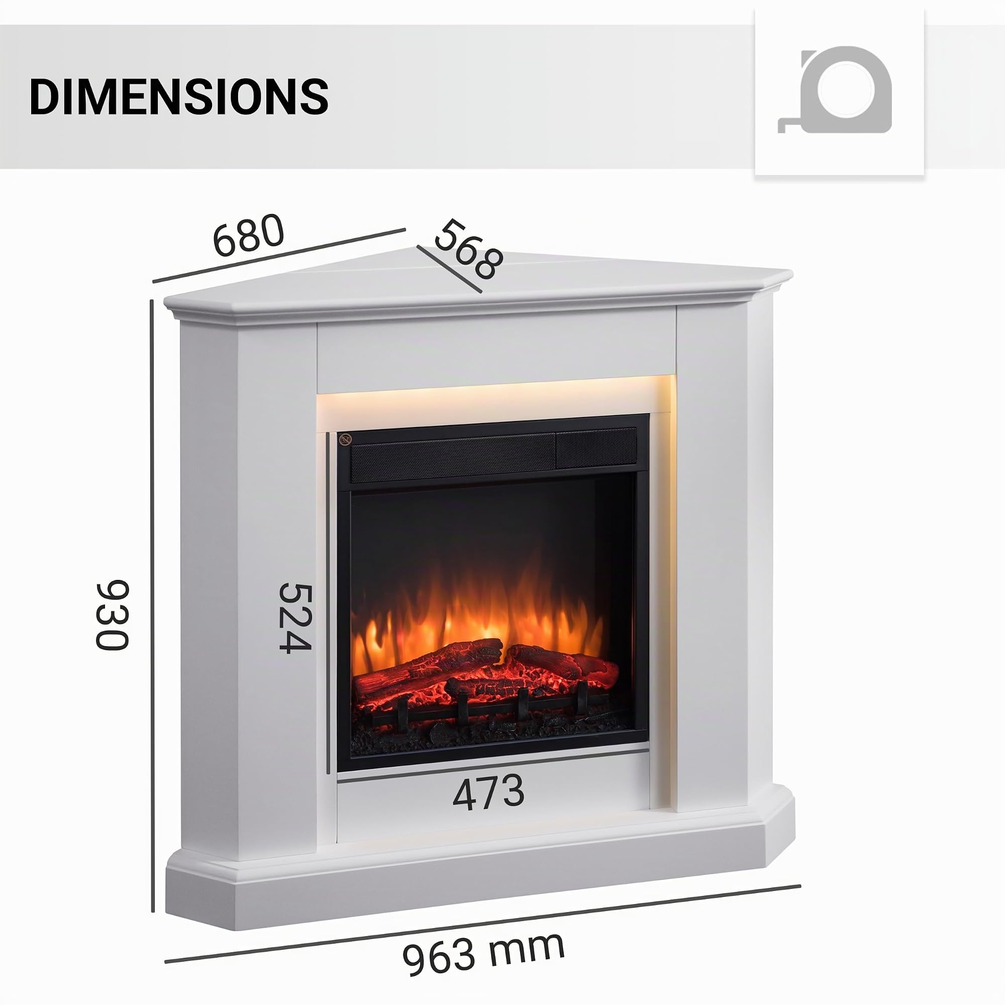 BALDERIA cheminée électrique d'angle Candela | Foyer électrique de Coin avec Effet de Flammes 3D | Chauffage 2000W, éclairage LED | Cheminée Angulaire avec télécommande, minuteur & Thermostat | Blanc