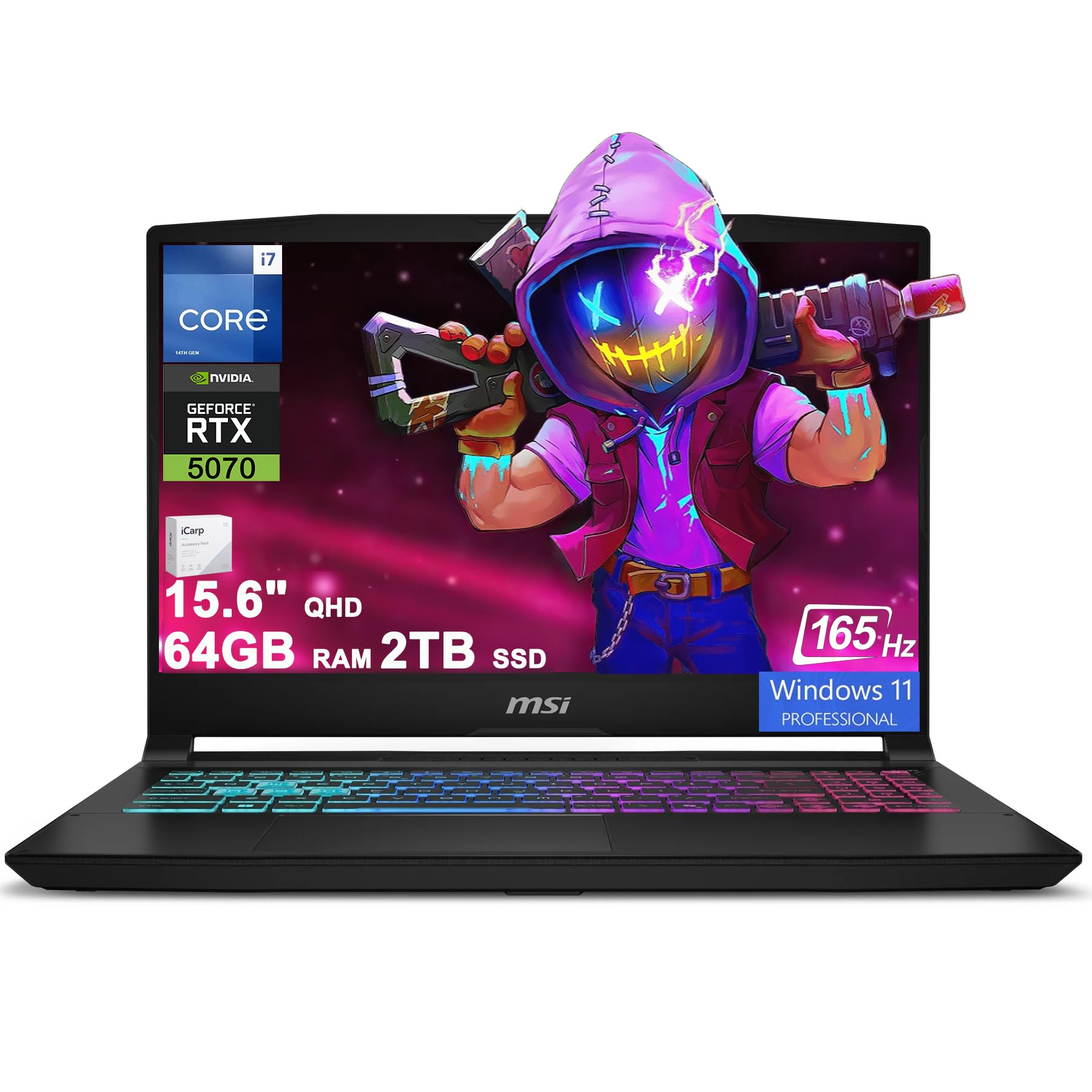 Katana 15 HX Gaming Laptop 15.6" QHD IPS 165Hz (100% DCI-P3) Intel 16-core i7-14650HX (>i9-12900H) 64GB DDR5 2TB SSD GeForce RTX 5070 DLSS4 (Up to 798 AI Tops) RGB Backlit Type-C Win11Pro ICP Acc