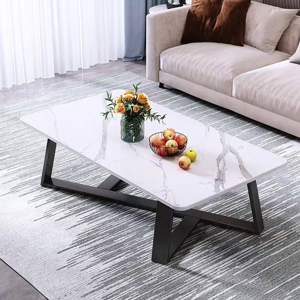 Hbluefat Rectangular Coffee Tea Table, 31.5in Modern Wooden Metal Center Tables for Home Office, Living Room, Bedroom, Small Space (White Marble)