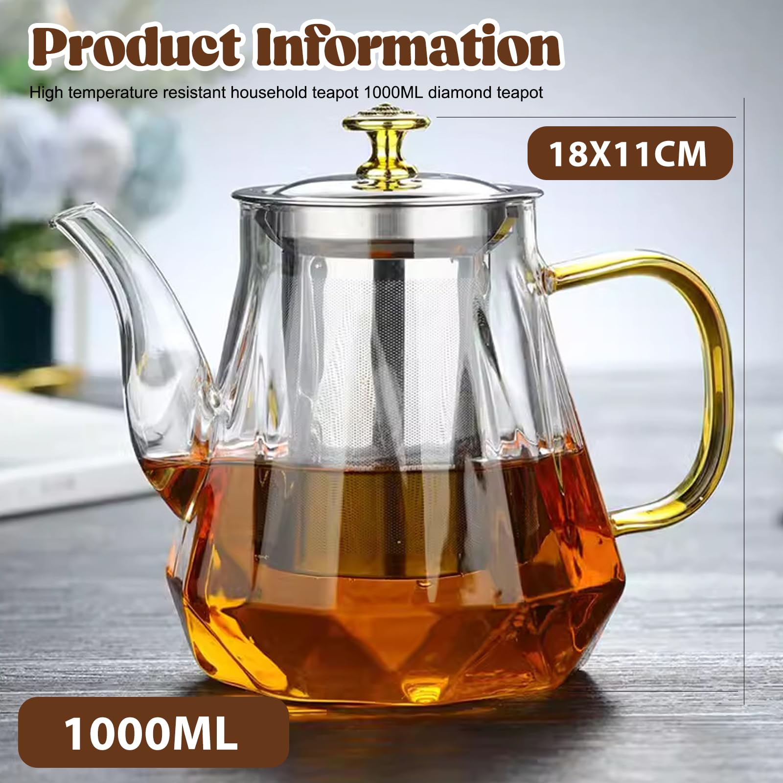 Teiera in vetro con colino, teiera in vetro, 1000 ml, teiera con filtro in vetro, resistente al calore, senza gocciolamento, per tè nero, tè verde, tè alla frutta profumata