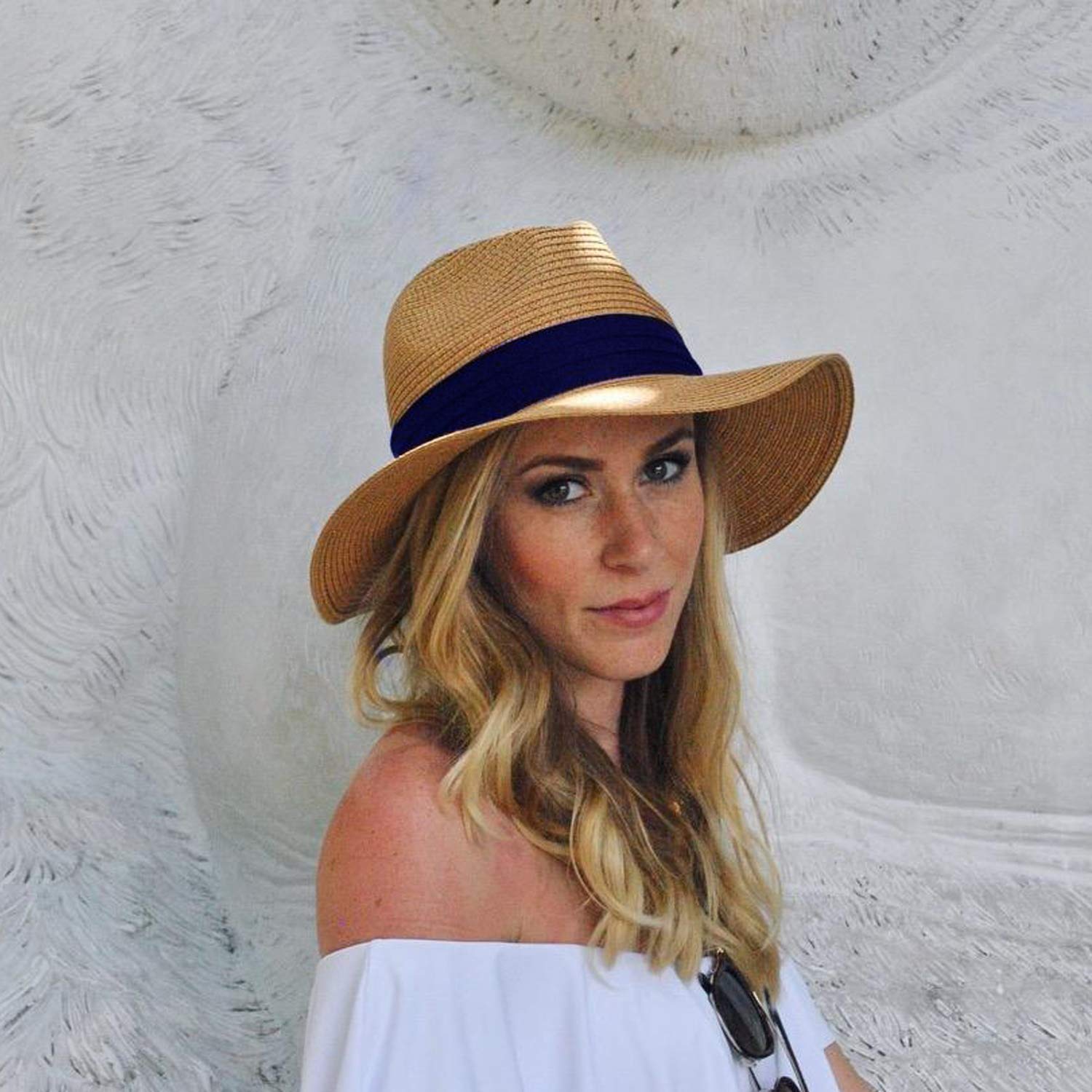 DRESHOW Femme Homme Chapeau de Paille Panama Chapeau Été Large Bord Chapeau de Soleil Anti-UV pour Plage Voyage Chapeau de Soleil