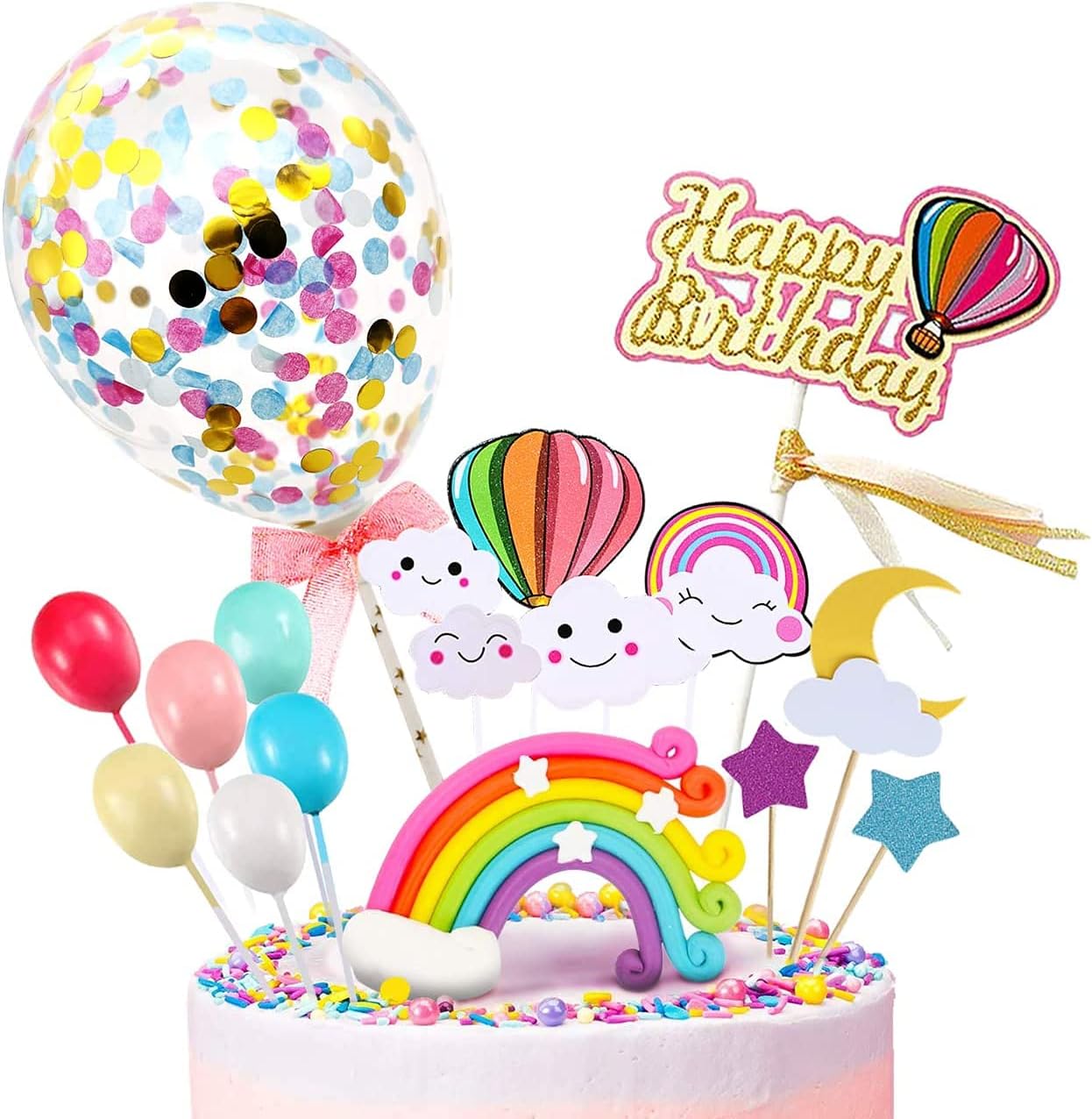 iZoeL Birthday Cake Topper Rainbow Cake Decoration Confetti Balloon Happy Birthday Cupcake Topper Moon Cloud Stars for Girls Boys Kids Woman Birthday Anniversary Wedding Baby Shower