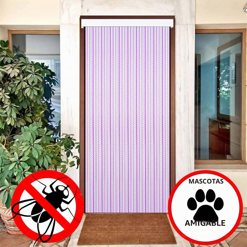 Cortinas Exterior Puerta | Material Plastico PVC y Barra Aluminio | Ideal para Terraza y Porche | Antimoscas | TRANSPARENTE-LILA | 210 * 90