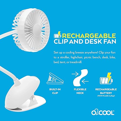 Miniatura 4 de O2COOL Ventilador de clip de batería USB recargable de 5 pulgadas, ventilador ajustable con 3 velocidades, cuello ajustable, cuello de cisne largo,