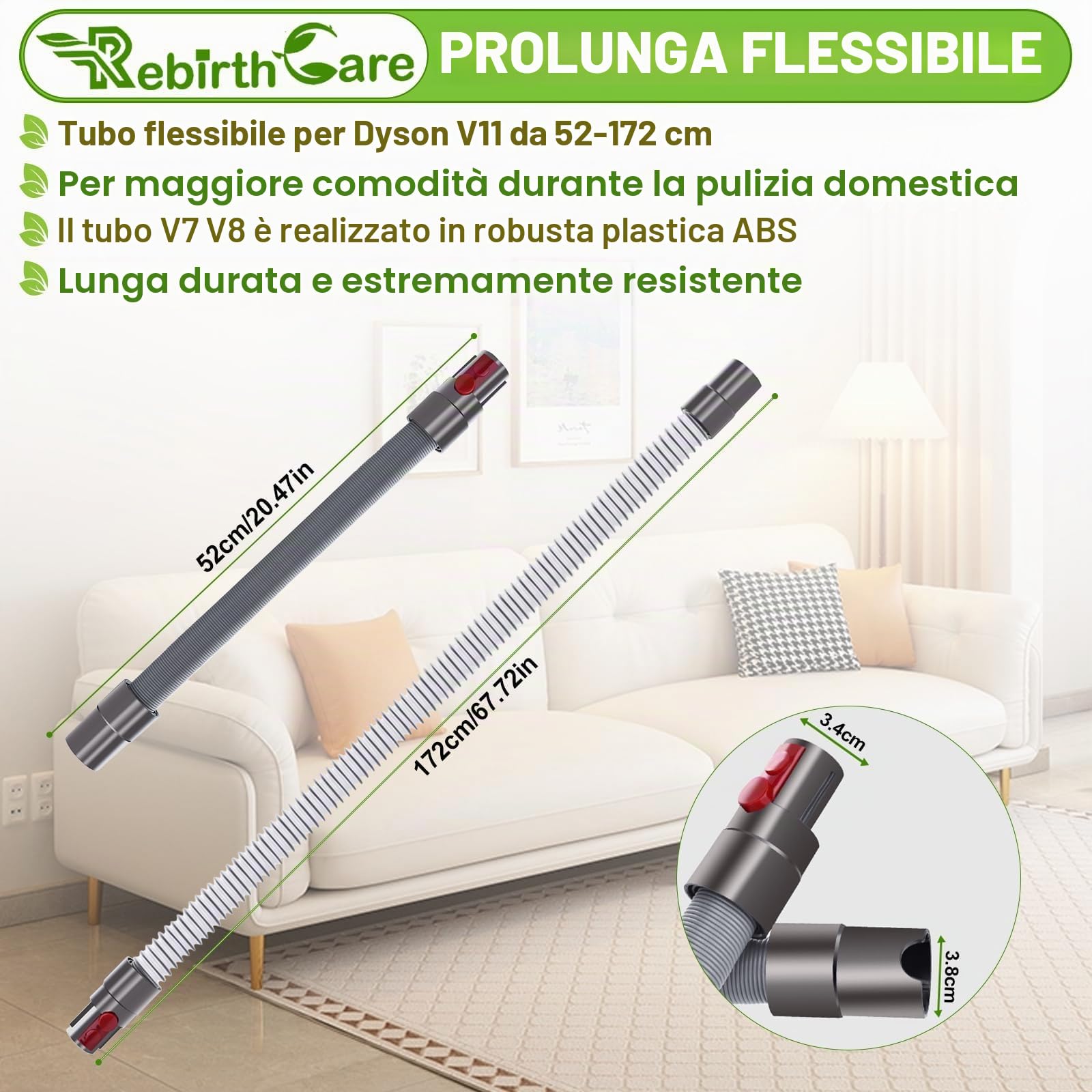 Rebirthcare Tubo Flessibile per Dy.son V15 V11 V12 V10 V8 V7 G5 SV10 SV11 SV12 SV14 Aspirapolvere - Accessorio di Ricambio Estensibile Fino a 172cm