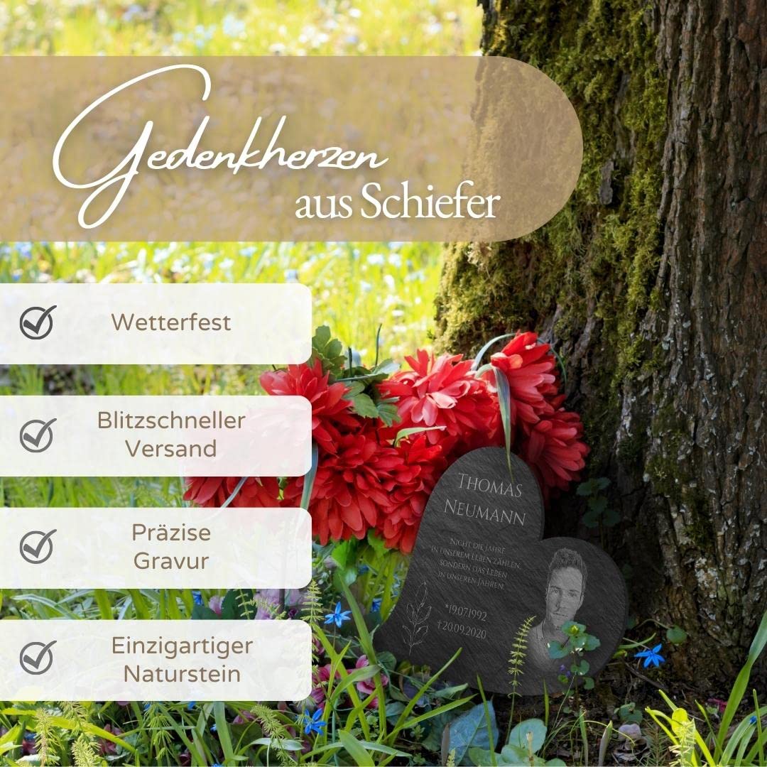 Grabstein Herz aus Schiefer mit Gravur - kleine Grabplatte in Herzform mit Foto & vielen Motiven - ab 18x13 cm - Grabdeko wetterfest imprägniert für Urnengrab - personalisierter Grabschmuck
