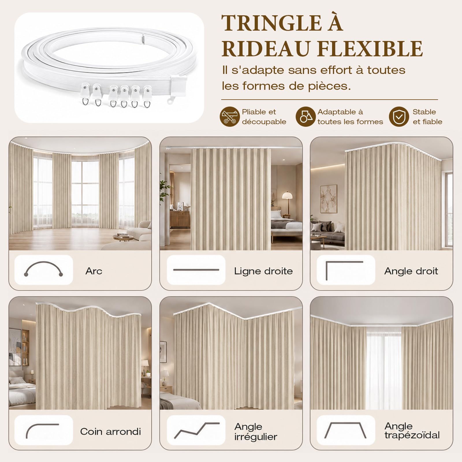 100% Occultant 264 cm Extra Large Rideau Séparateur de Pièce avec Rail | Effet Lin Rideaux Occultants Thermique, Kit Complet avec Rail Cintrable, Isolation Phonique pour Salon, Chambre, H274cm Kaki