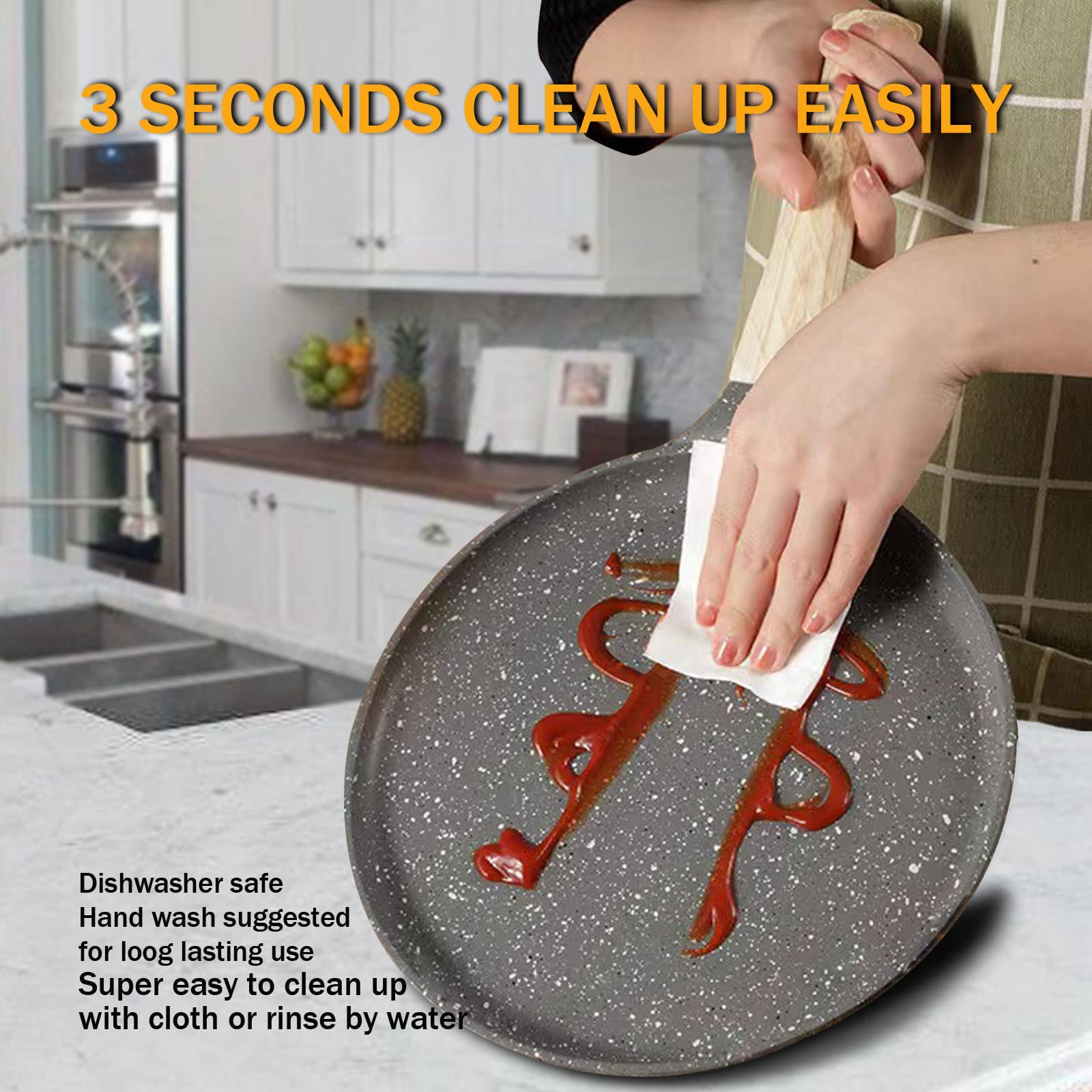 Sartén antiadherente para crepes con espátula esparcidora, 9.5 pulgadas con revestimiento de granito para cocinar, sartén plana para tortillas, tortillas, tortillas, panqueques, parte inferior de