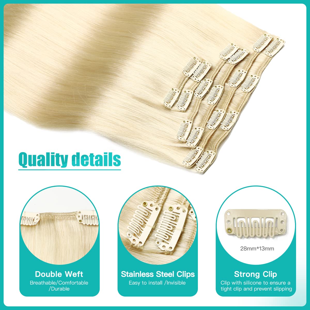 SURNEL Extensiones Clip Pelo Natural 100g 40cm 6 Piezas Rubio Platino Claro Extensiones De Clip De Humano Real Extensiones Pelo Remy Natural (C#60-40cm) - 5