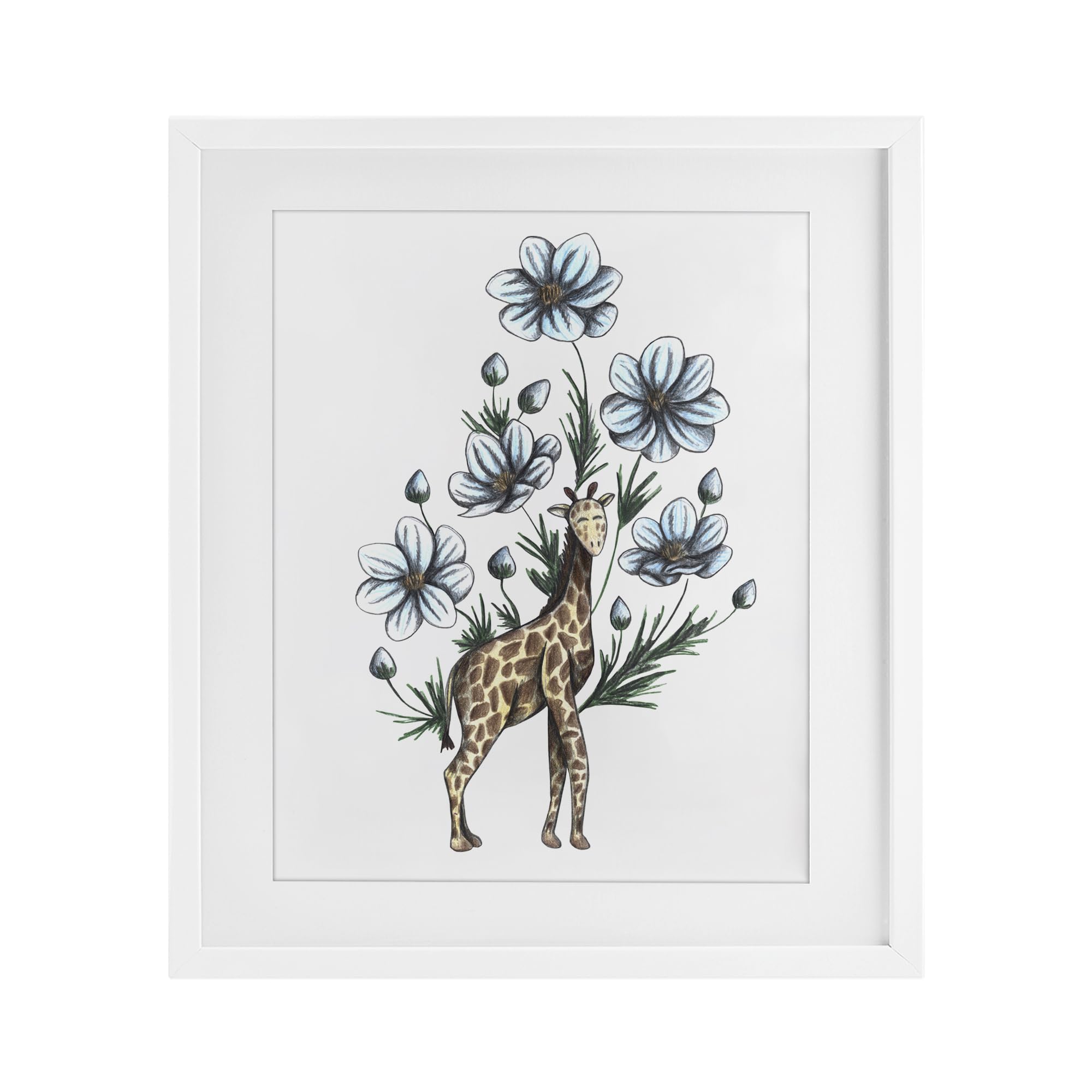 Cadre Girafe avec fleurs blanches 16 x 13 cm par Cecilia Battaini