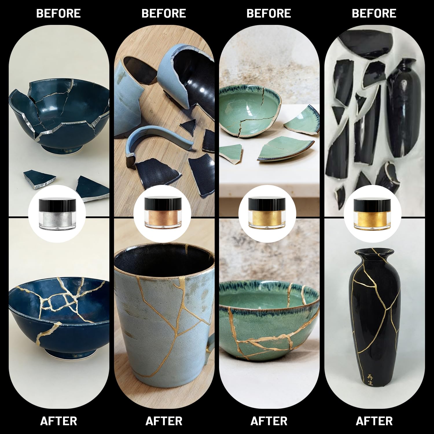 Kintsugi Repair Kit, Food Safe Ceramic Glue with Gold Powder, Complete Kintsugi Kit for Fixing Broken Ceramics, Glass, Porcelain & Jade, Easy Kintsugi Craft Set for Adults & Beginners