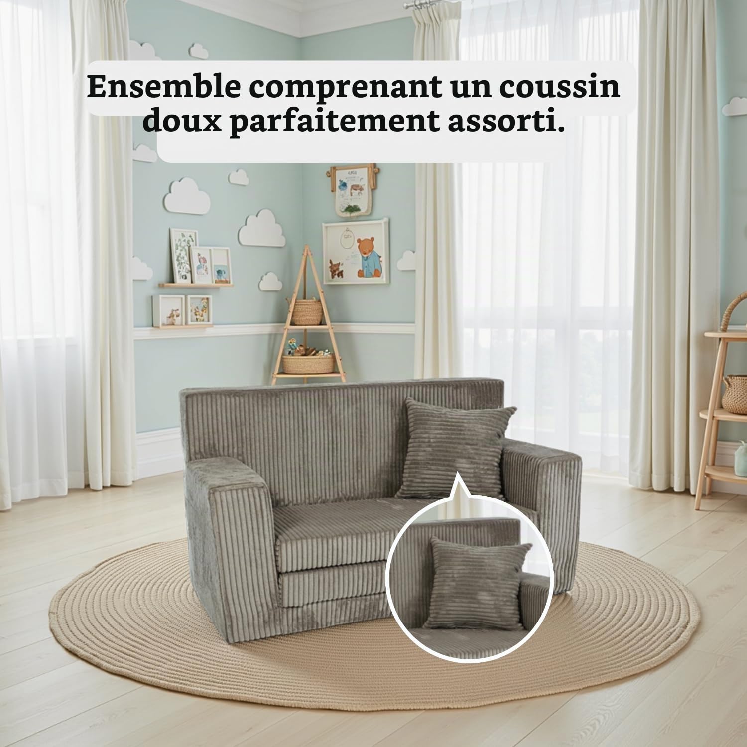 FORTISLINE Canapé pour enfant, dépliable, en velours côtelé, 83 x 47 x 43 cm, avec surface de couchage de 112 cm, canapé pour chambre d'enfant, avec coussin, housse amovible et lavable, certifié