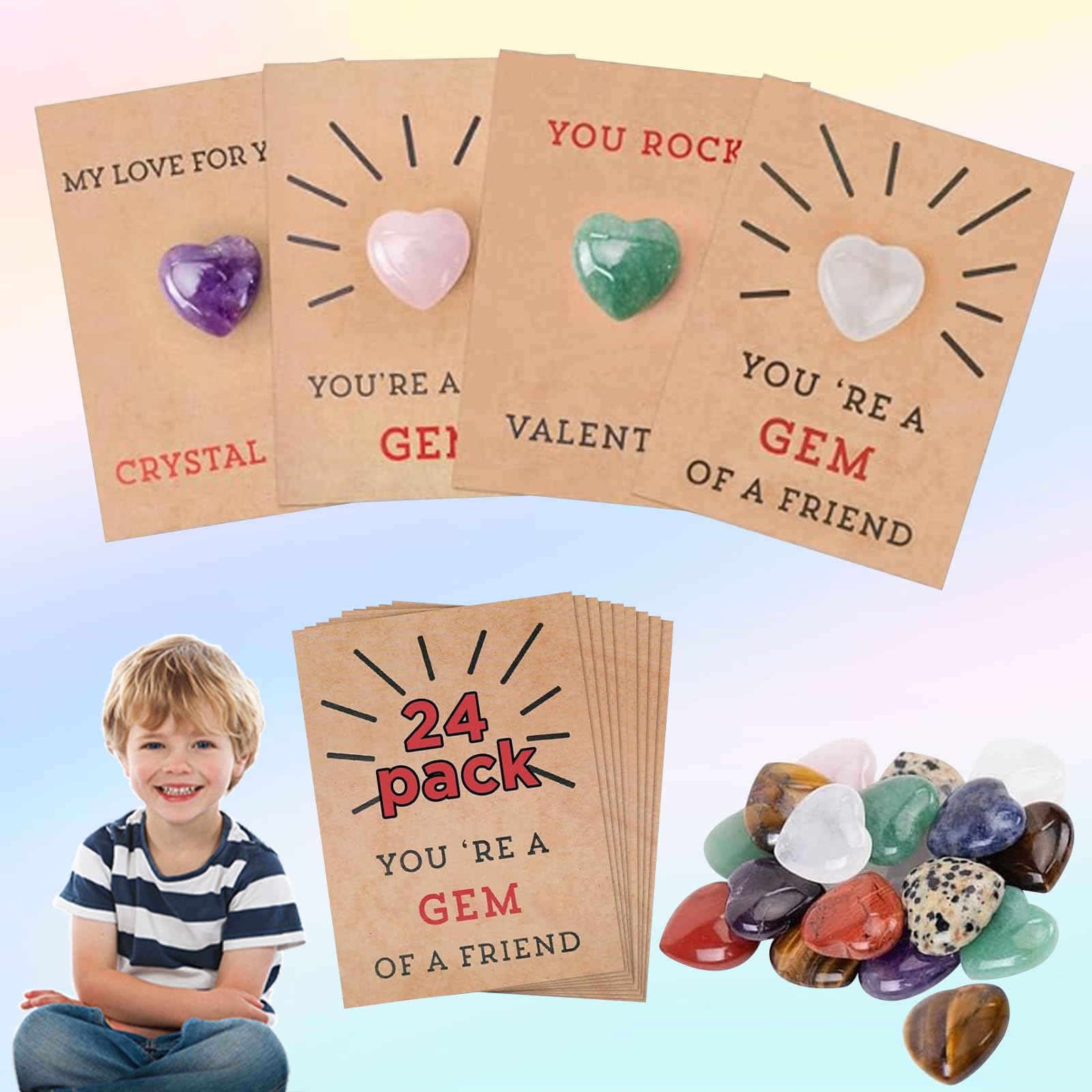 Valentines Day Gifts for Kids, 24 Pack Valentines Cards with Heart-Shape Crystal Stone, Funny Valentines Crystals Card, Exchange Card Kids Gifts for Boys Girls School Classroom Party Favor (24/Pack)