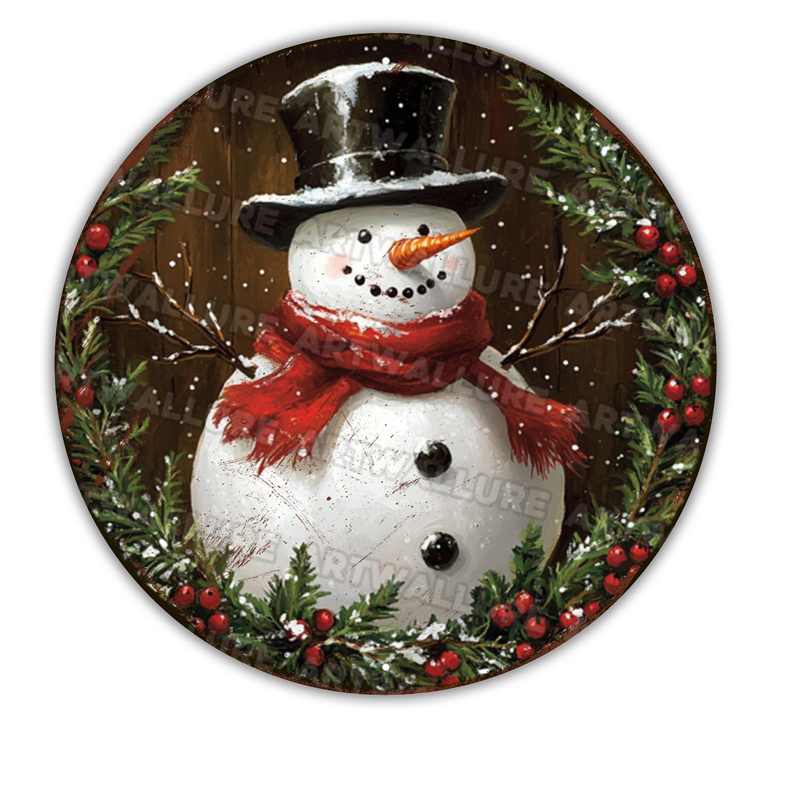 Vintage Snowman Wreath Sign - Christmas Round Aluminum Decor for Front Door, Porch and Indoor Holiday Displays 12x12Inch