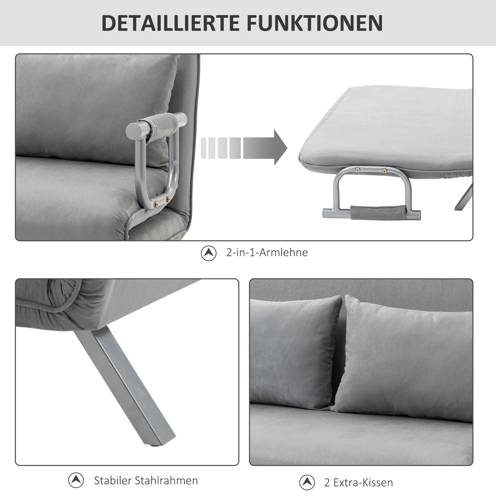 HOMCOM 3 in 1 Schlafsofa Schlafcouch 2 Sitzer 185x105cm Hellgrau | 2 Sitzer Sofa mit Schlaffunktion, Samtoptik, Chaiselounge, 5-stufig Verstellbare Rückenlehne, Wohnzimmer, Schlafzimmer