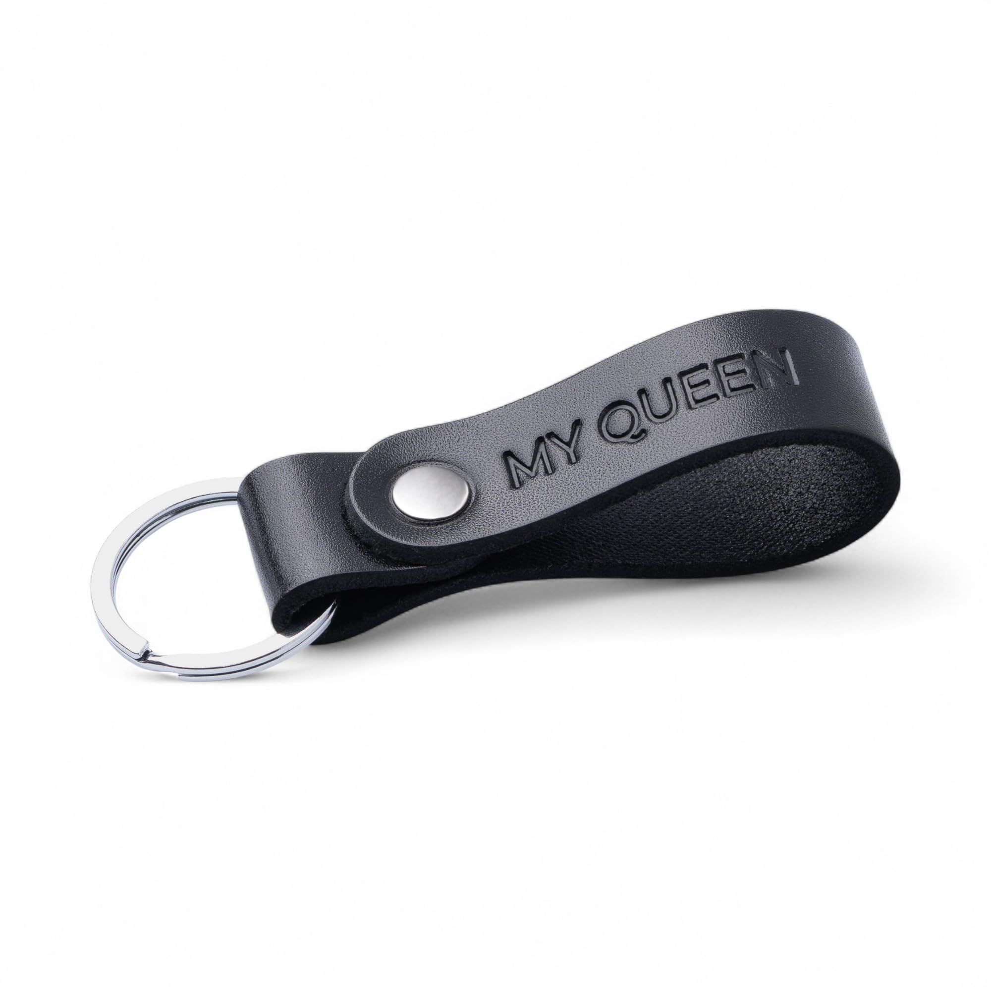 MAGOR Leather Full Grain Keyring for Men and Women, Personalised Keychain for Car or Home Keys, Elegant Black Key Ring with Hot Embossed Design, Premium Gift for Him Her Dad Husband (MY QUEEN)