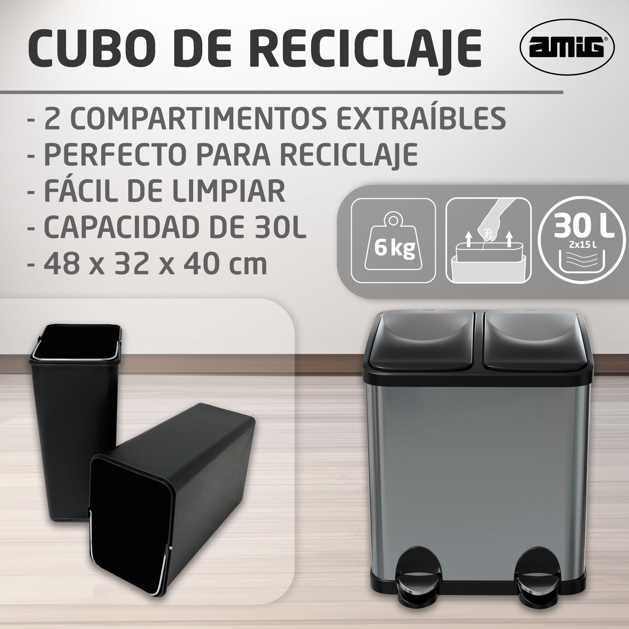 Amig - Cubo de Reciclaje Doble con Pedales Mod. RECIK2-30 Litros: 2 Compartimentos de 15 L - 48 x 32 x 40 cm - Acero Inoxidable - Plateado - Cubo de Basura Antihuellas para Cocina - Diseño Moderno