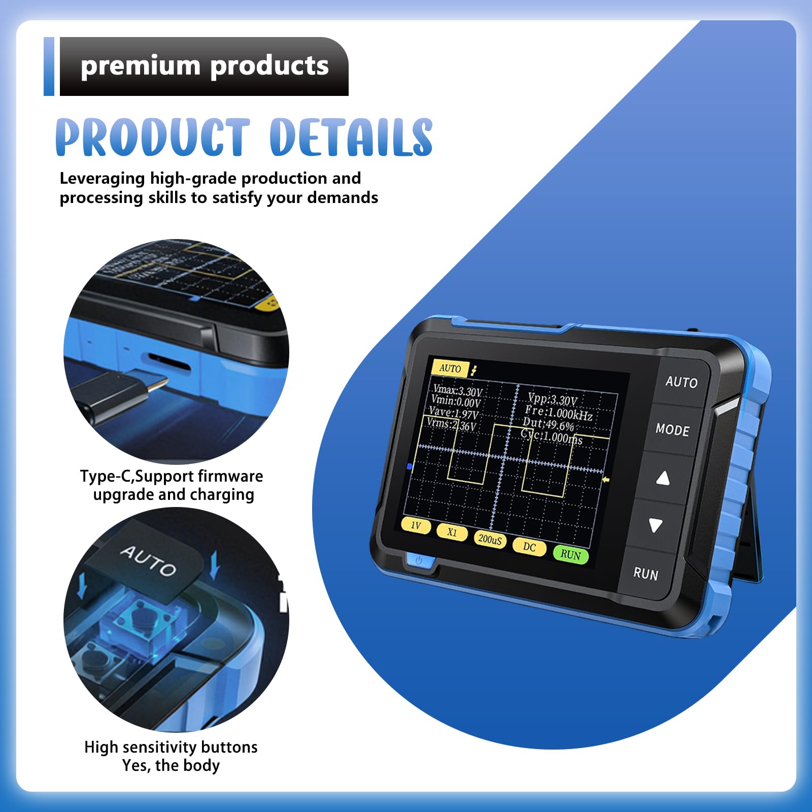 DSO152 Osciloscopio Mini Digital, Osciloscopio Digital 200KHz con tasa de muestreo 2.5MS/s, TFT de 2.8", Modo de disparo Auto/Normal/Individual para principiantes, DIY, uso doméstico