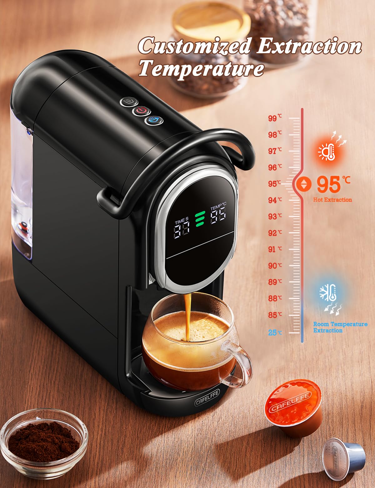 CAFELFFE Automatyczny ekspres do kawy na saszetki, 4 w 1, z regulacją temperatury i 7 wstępnie ustawionymi czasami parzenia, 19-bar ekspres do kawy NES/DG/ESE/mielonej kawy, czarny
