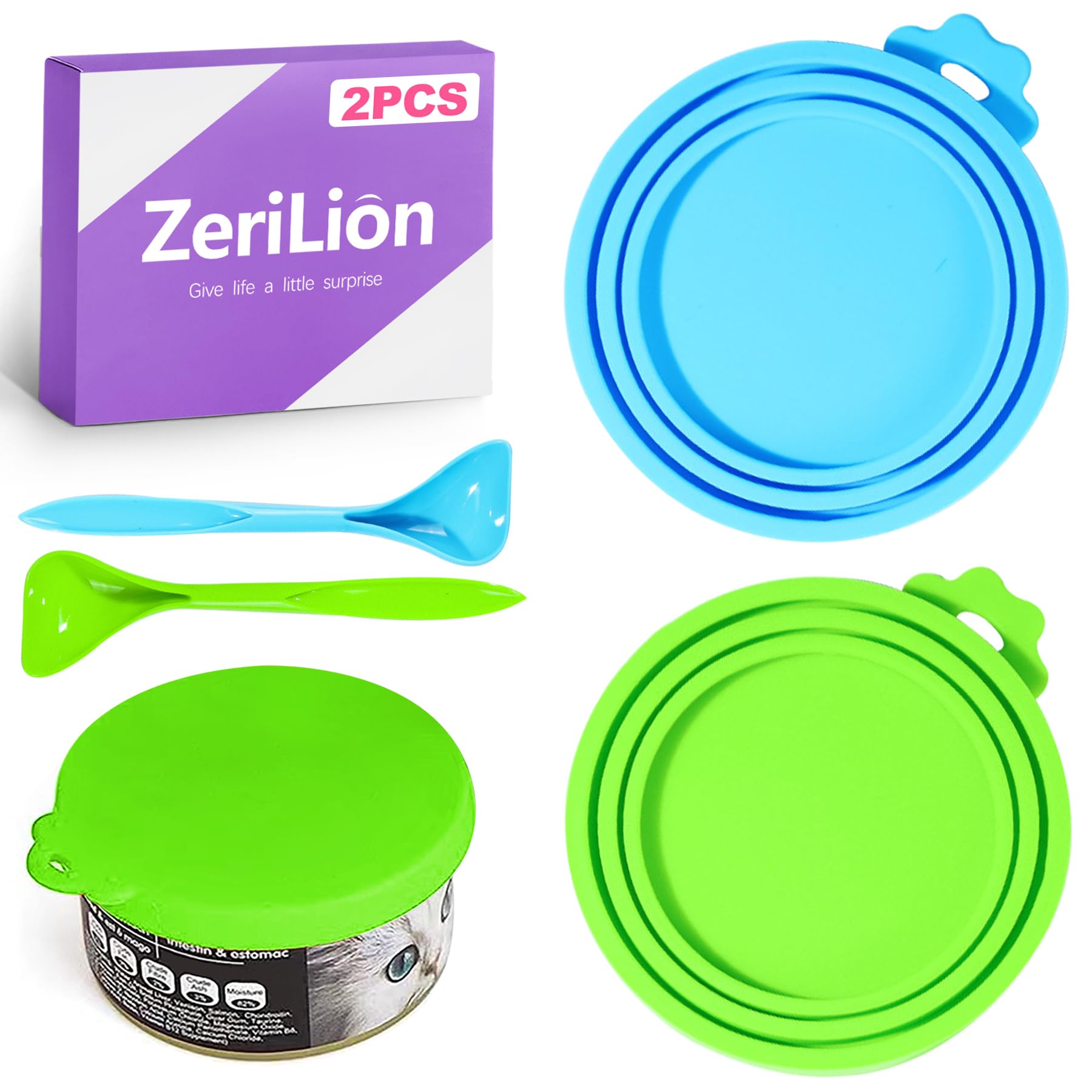 ZeriLion 2-Pack Silicone Pet Food Can Lids (with Two Spoons), Universal Covers for Dog & Cat Food Cans – Fits 3 Standard Sizes, Keeps Food Fresh and Odor-Free