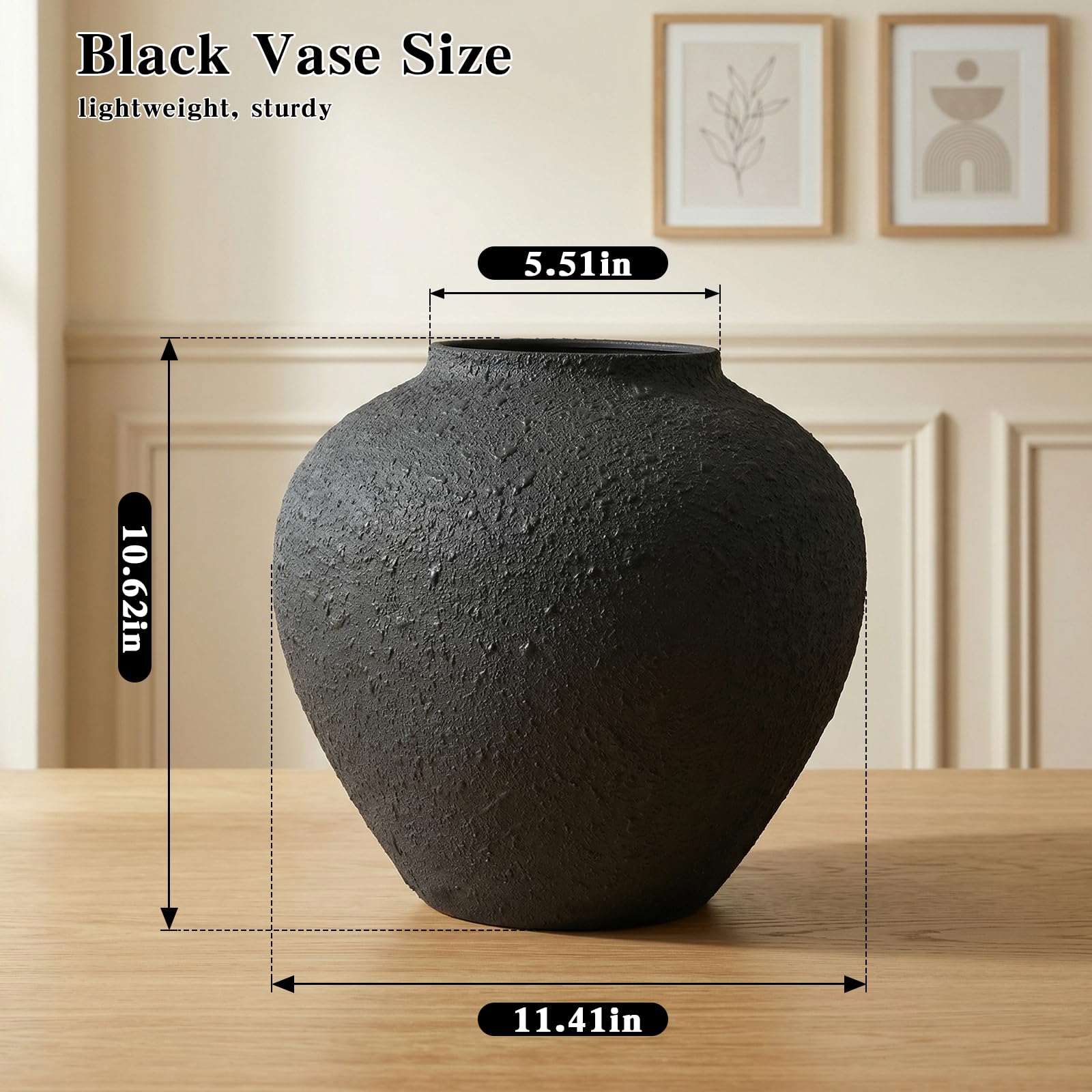 Jarrón redondo grande negro de 11 pulgadas para flores, metal rústico | Jarrón grande de hierro mate para centro de mesa moderno de granja, decoración de sala de estar, hogar