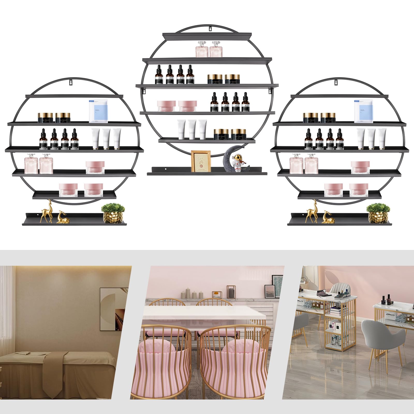 Wandregal Nagellack, 5-Tier Rund Nagellack Aufbewahrung Nagellackhalter, 6 Stück Nagellackständer Regal Metall, Nagelsalon Display Ständer für Lippenstiften, ätherischen Ölen, bis 10kg (Schwarz)