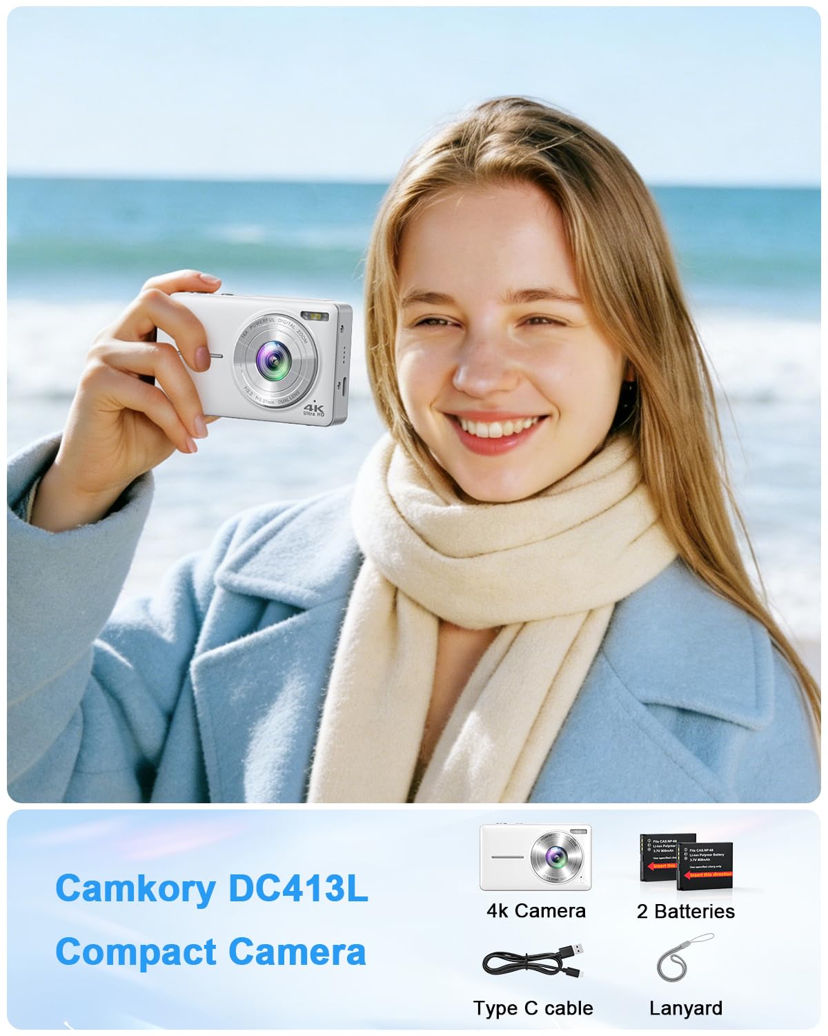 Digitalkamera 4K 64MP Fotokamera mit Autofokus, Blitz, 16X Zoom, Anti-Shake, kompakte Vlogging Kamera für Kinder Erwachsene Weiß