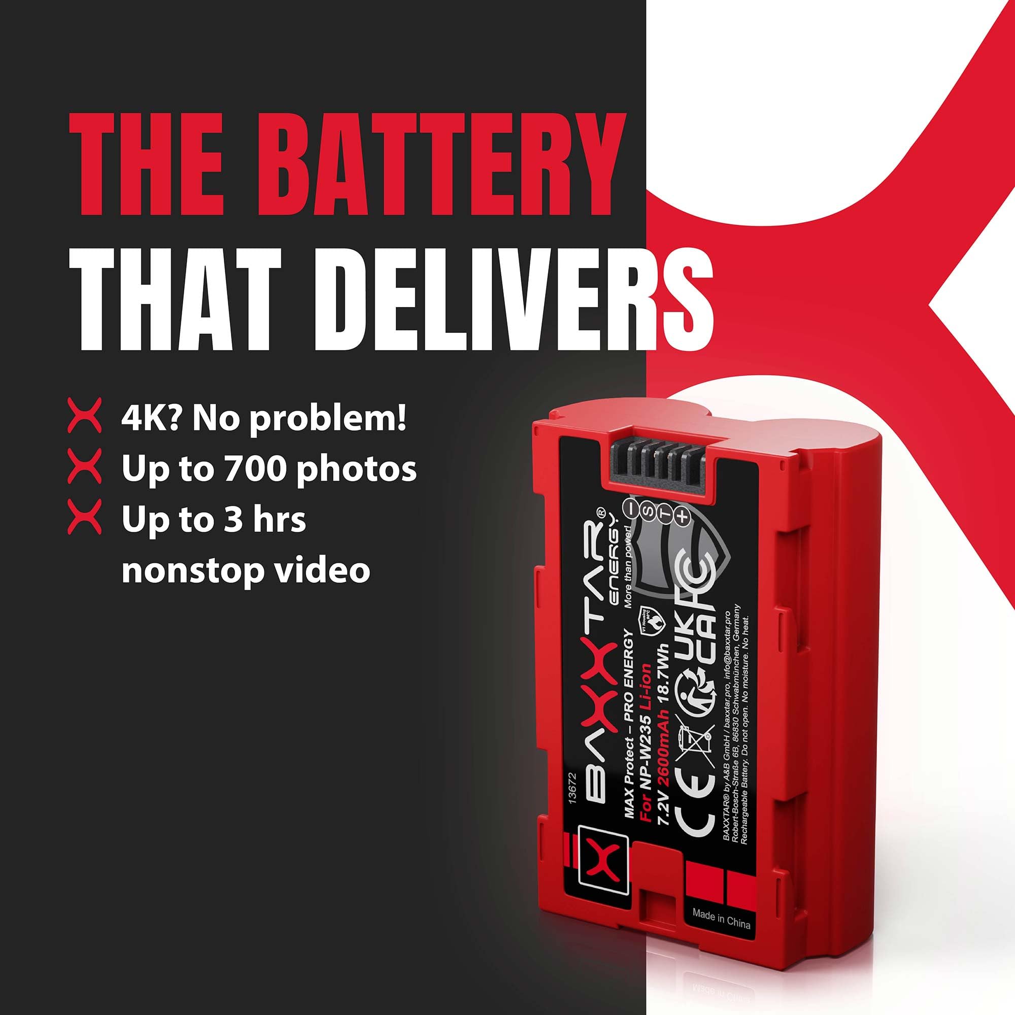 Baxxtar NP-W235 Batteries MaxProtect (2X 2600mAh) avec NTC-Capteur et Boîtier V1 - Chargeur Mini 18882 USB Dual LCD - Compatible avec Fuji GFX50s II GFX-100S GFX-100 II X-H2 X-H2S X-S20 X-T4 X-T5