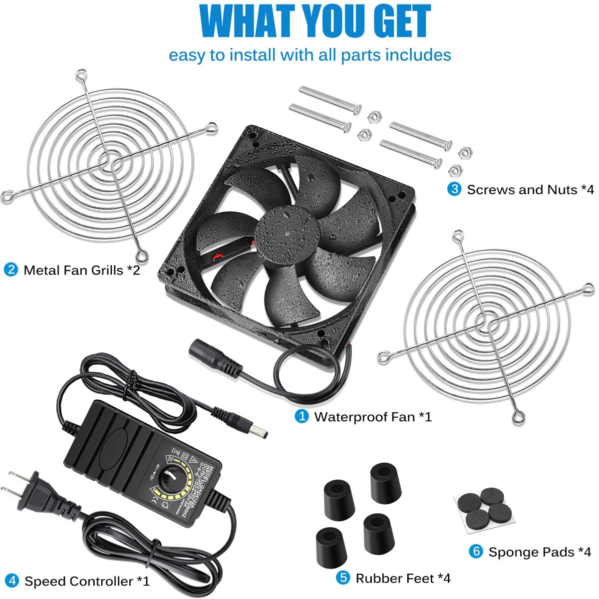 GDSTIME 120mm Waterproof Fan with Speed Controller, IP67 12V Computer Fan with AC Plug, 110V 120V 220V AC Powered Ventilation Exhaust Fans for Receiver Terrarium Biltong Box Grow Tent Cabinet Cooling