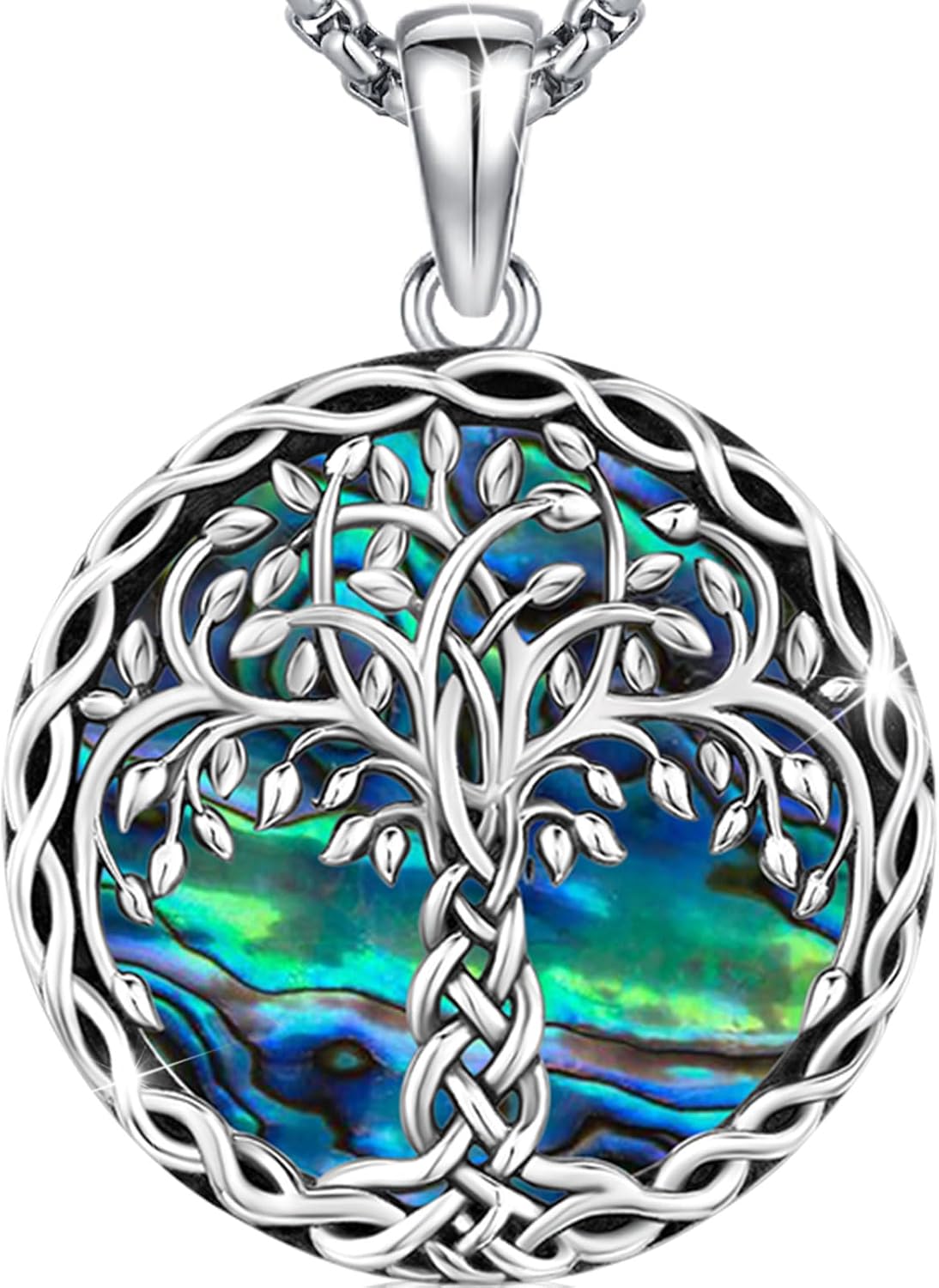 AUDINCEED Tree of Life Necklace Tree of Life Pendant 925 Sterling Silver Abalone Shell Opal Malachite Turquoise Moonstone Crystal Necklace Celtic Knot Family Tree Jewelry for Men Women Fathers Day