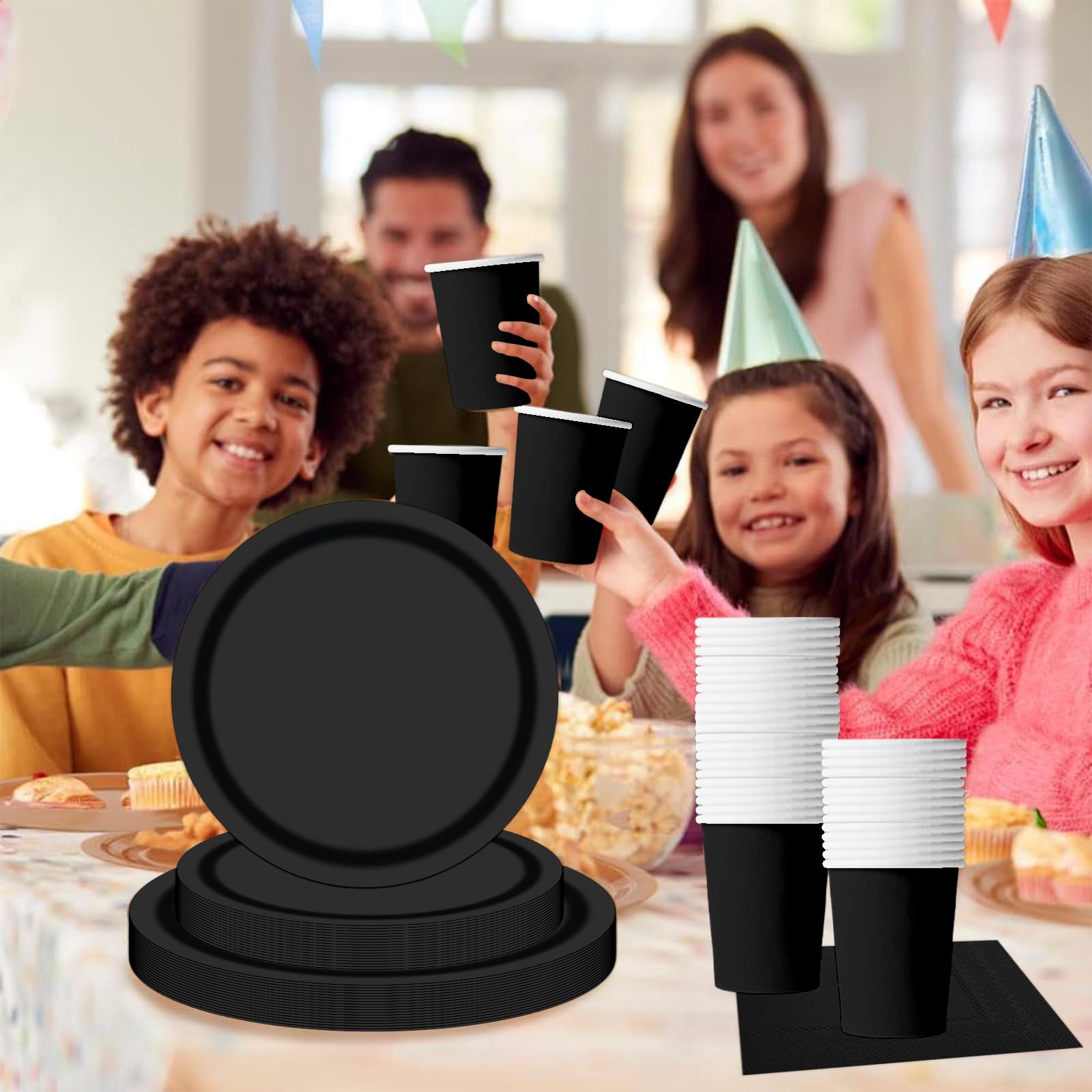 68-teiliges Schwarz Pappgeschirr Set, Schwarz Pappteller Pappbecher Servietten, Deko Partygeschirr für Geburtstag, Halloween, Silvester, Abschlussfeier, Party Supplies
