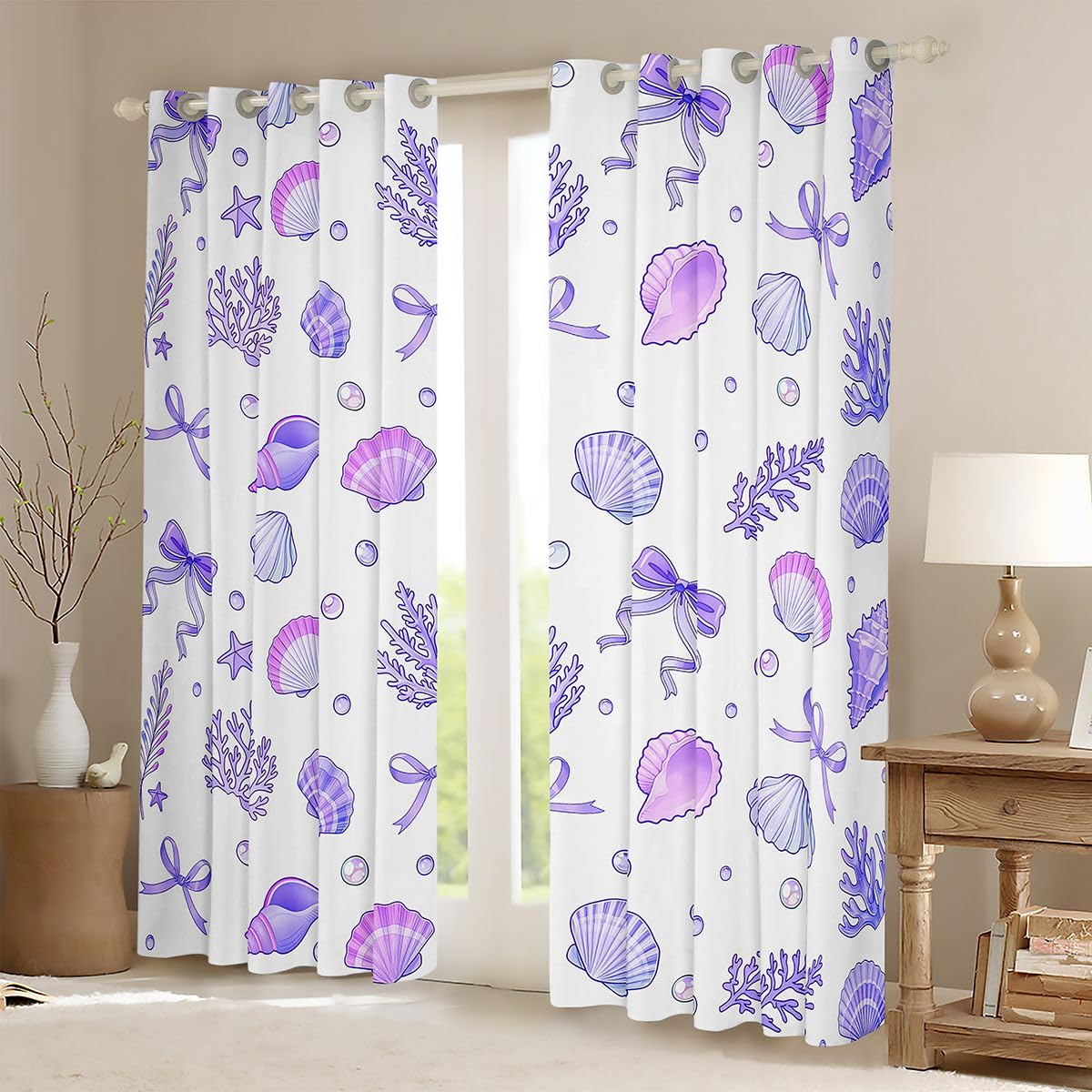 Homemissing Tende oscuranti viola con fiocco per camera da letto, soggiorno, stelle marine, conchiglie, tende oscuranti estive, costiere, spiaggia, oceano, 2 pannelli, 167,6 x 182,8 cm, decorazione